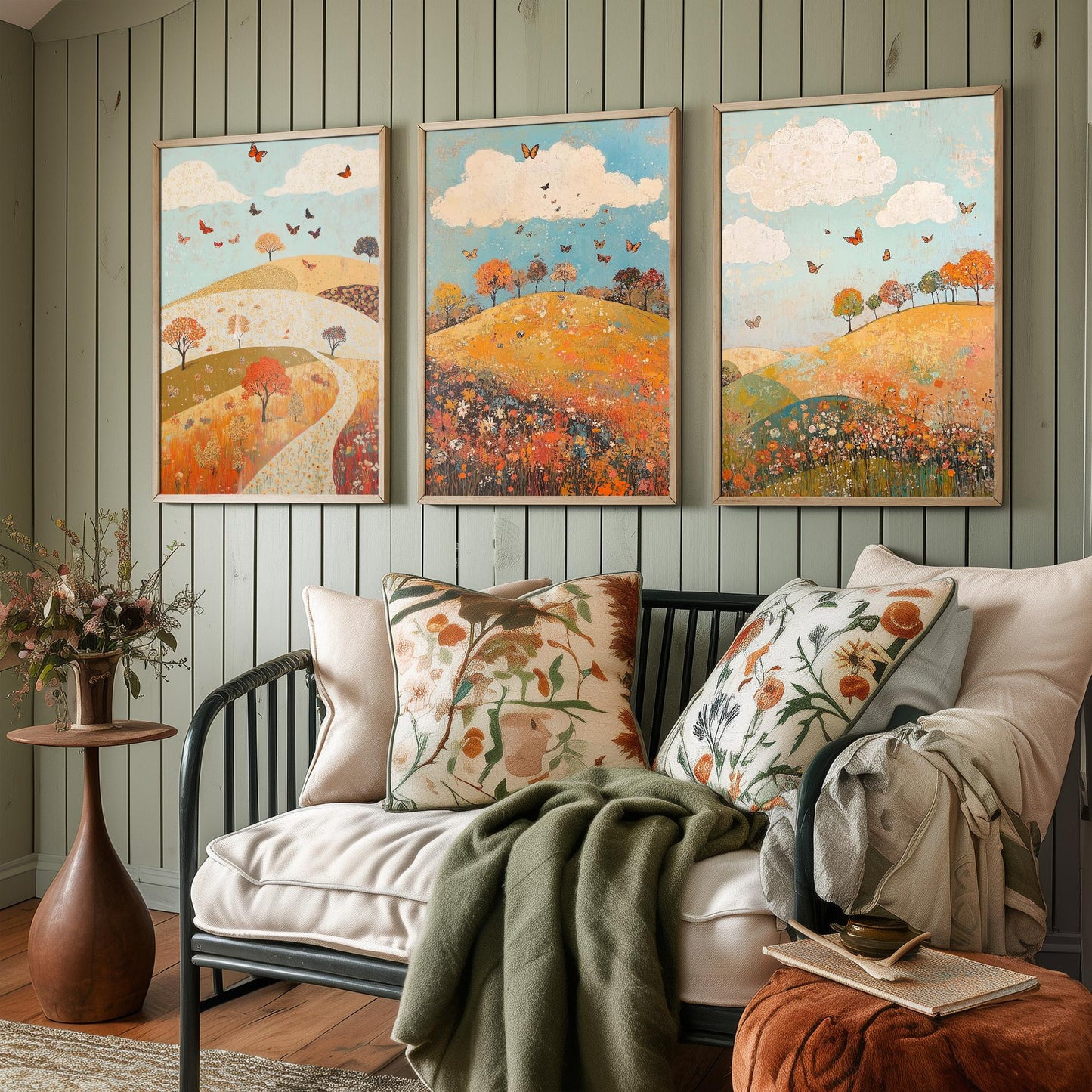 Rolling Hills Butterfly Set of Three Art Prints - Russet Mint and Porcelain - Folk Meadow Poster Illustration Gift