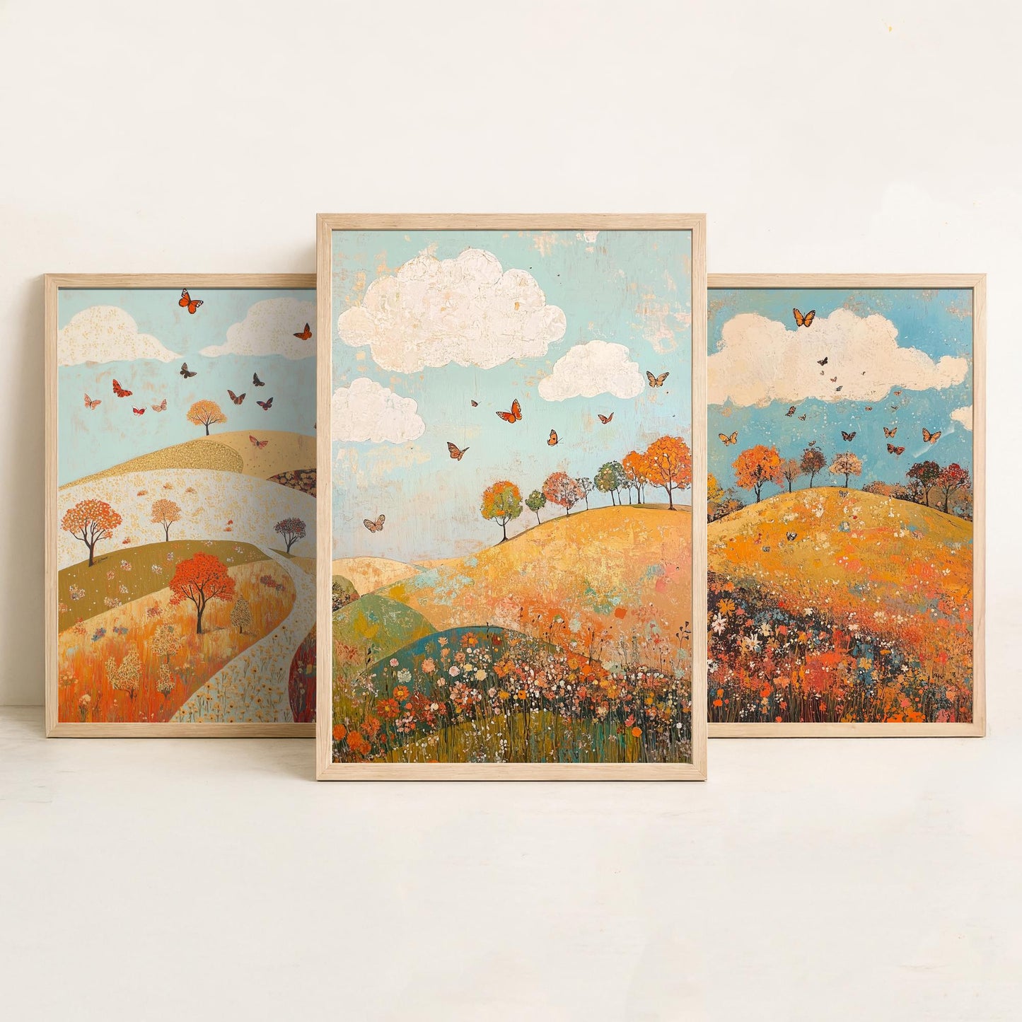 Rolling Hills Butterfly Set of Three Art Prints - Russet Mint and Porcelain - Folk Meadow Poster Illustration Gift