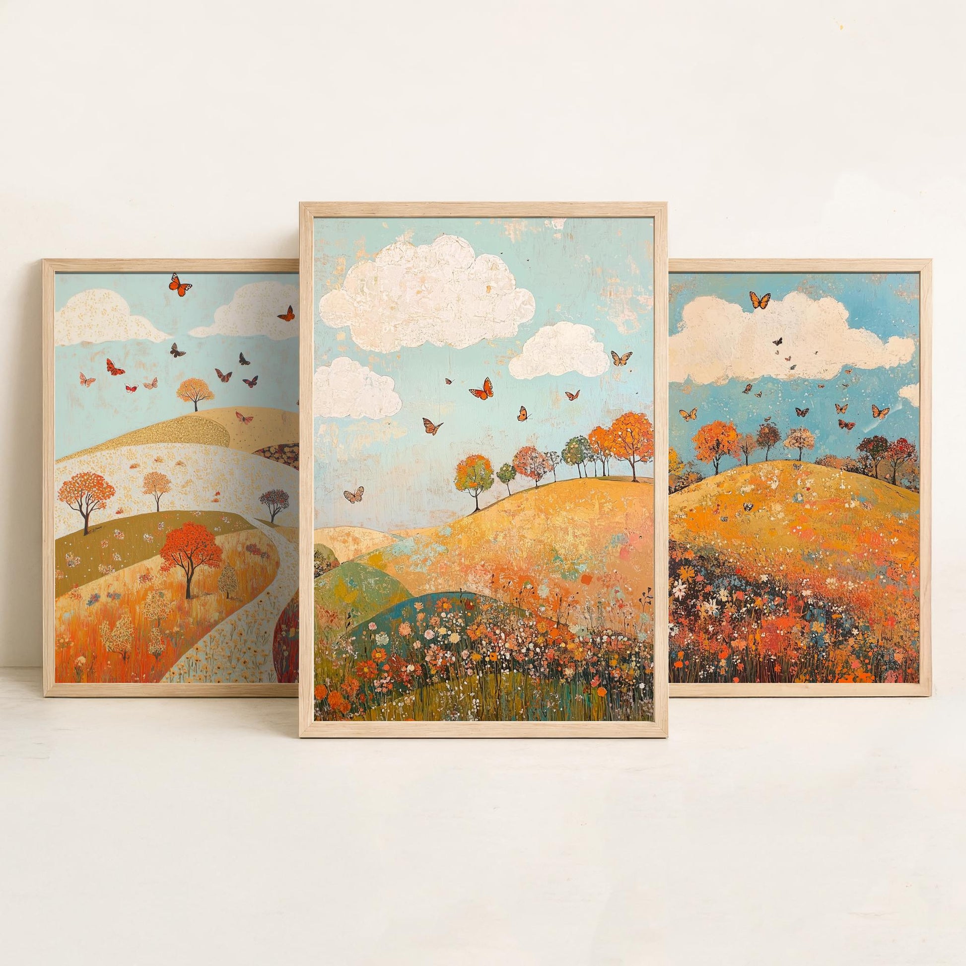 Rolling Hills Butterfly Set of Three Art Prints - Russet Mint and Porcelain - Folk Meadow Poster Illustration Gift