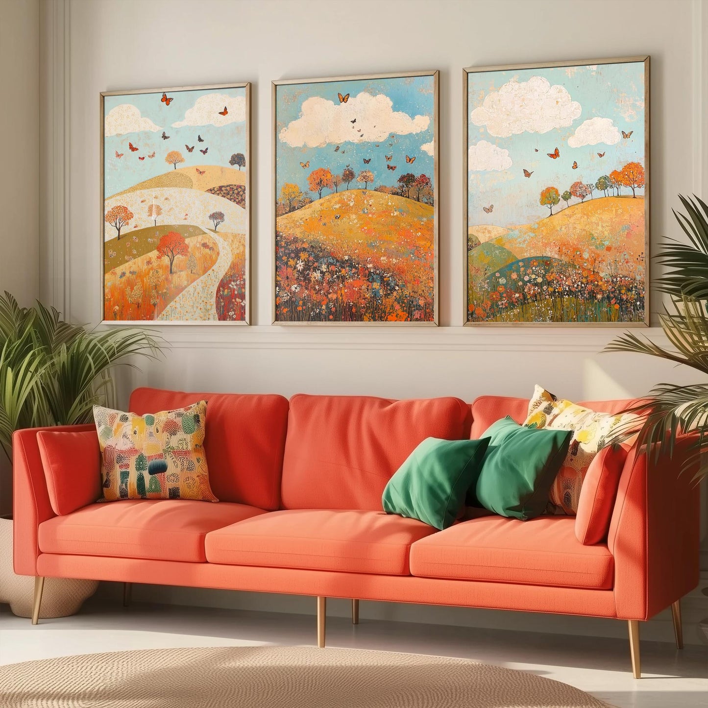 Rolling Hills Butterfly Set of Three Art Prints - Russet Mint and Porcelain - Folk Meadow Poster Illustration Gift