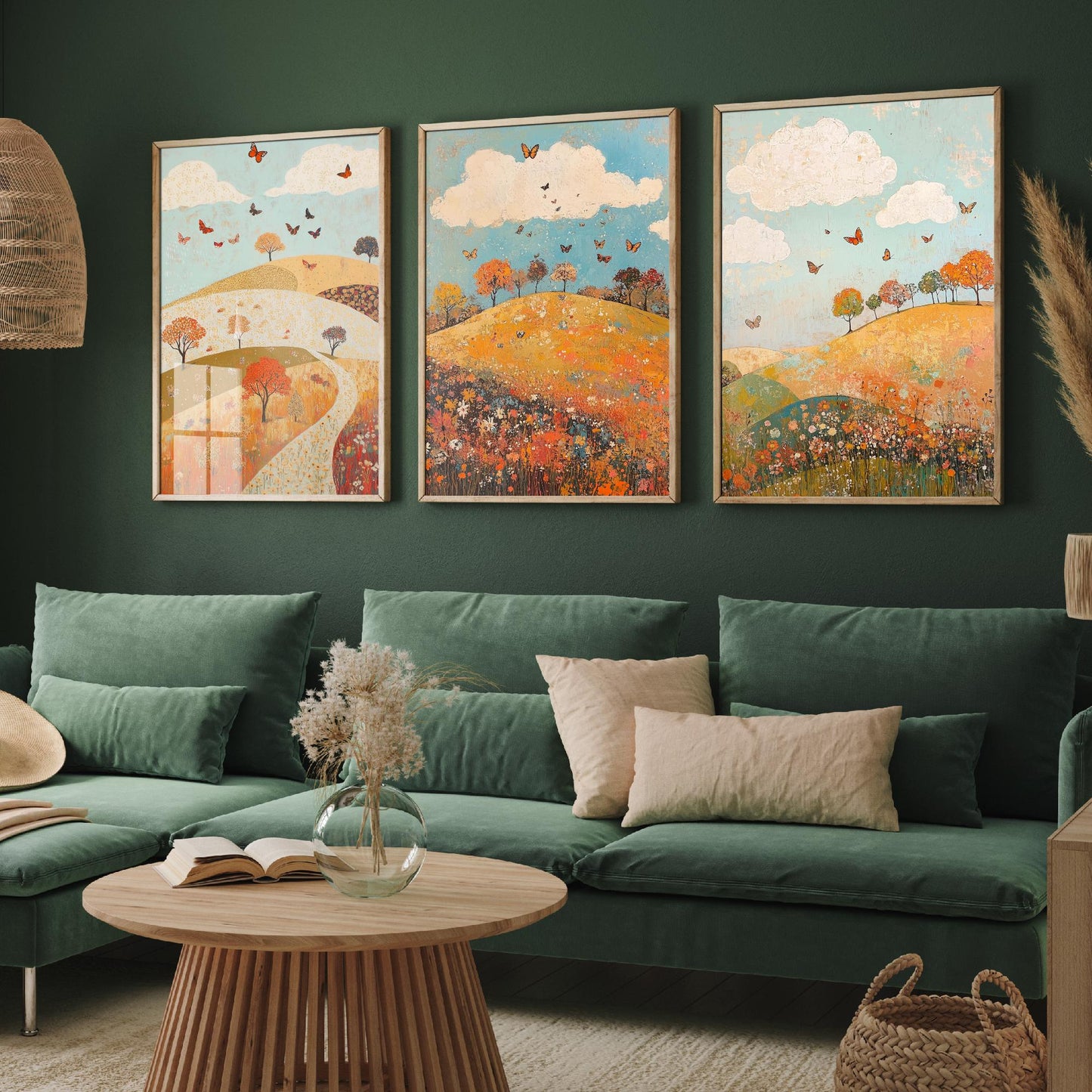 Rolling Hills Butterfly Set of Three Art Prints - Russet Mint and Porcelain - Folk Meadow Poster Illustration Gift