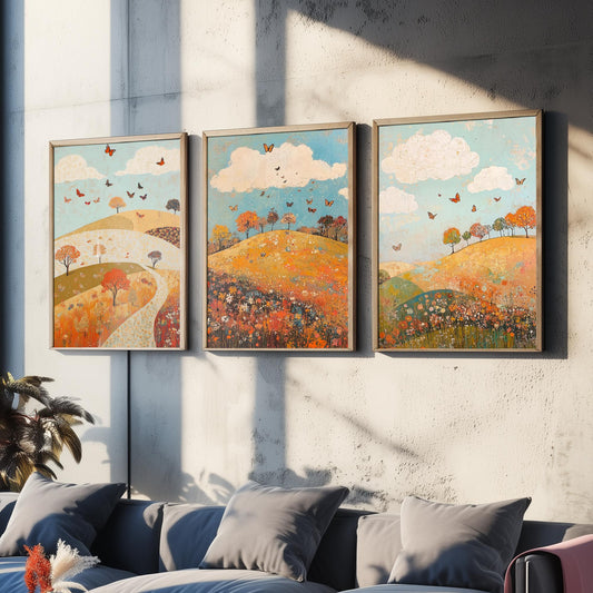Rolling Hills Butterfly Set of Three Art Prints - Russet Mint and Porcelain - Folk Meadow Poster Illustration Gift