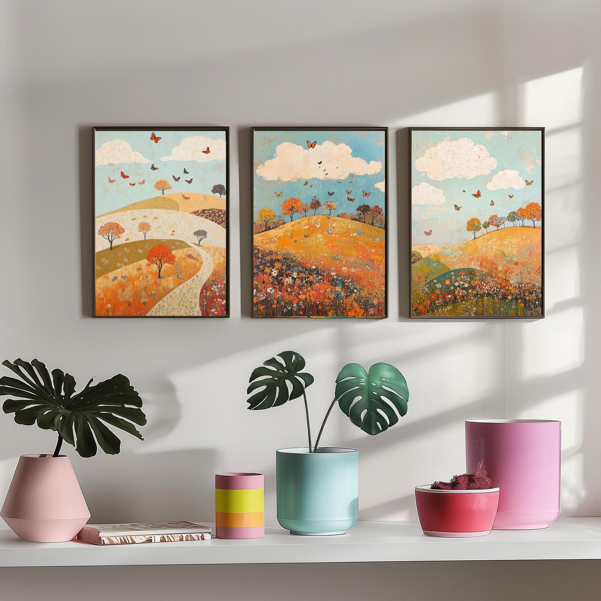 Rolling Hills Butterfly Set of Three Art Prints - Russet Mint and Porcelain - Folk Meadow Poster Illustration Gift