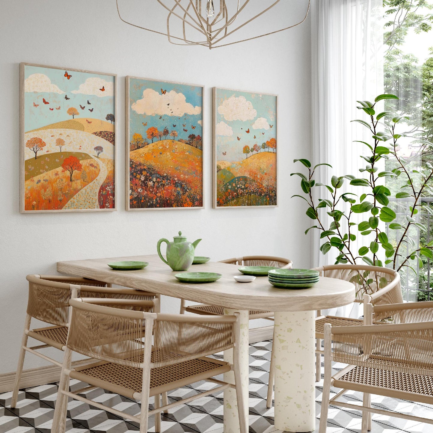 Rolling Hills Butterfly Set of Three Art Prints - Russet Mint and Porcelain - Folk Meadow Poster Illustration Gift