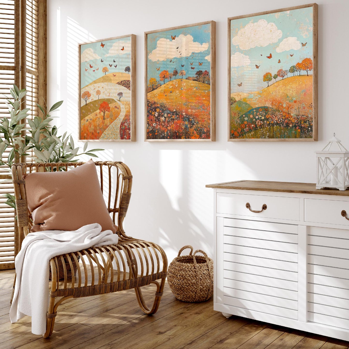 Rolling Hills Butterfly Set of Three Art Prints - Russet Mint and Porcelain - Folk Meadow Poster Illustration Gift
