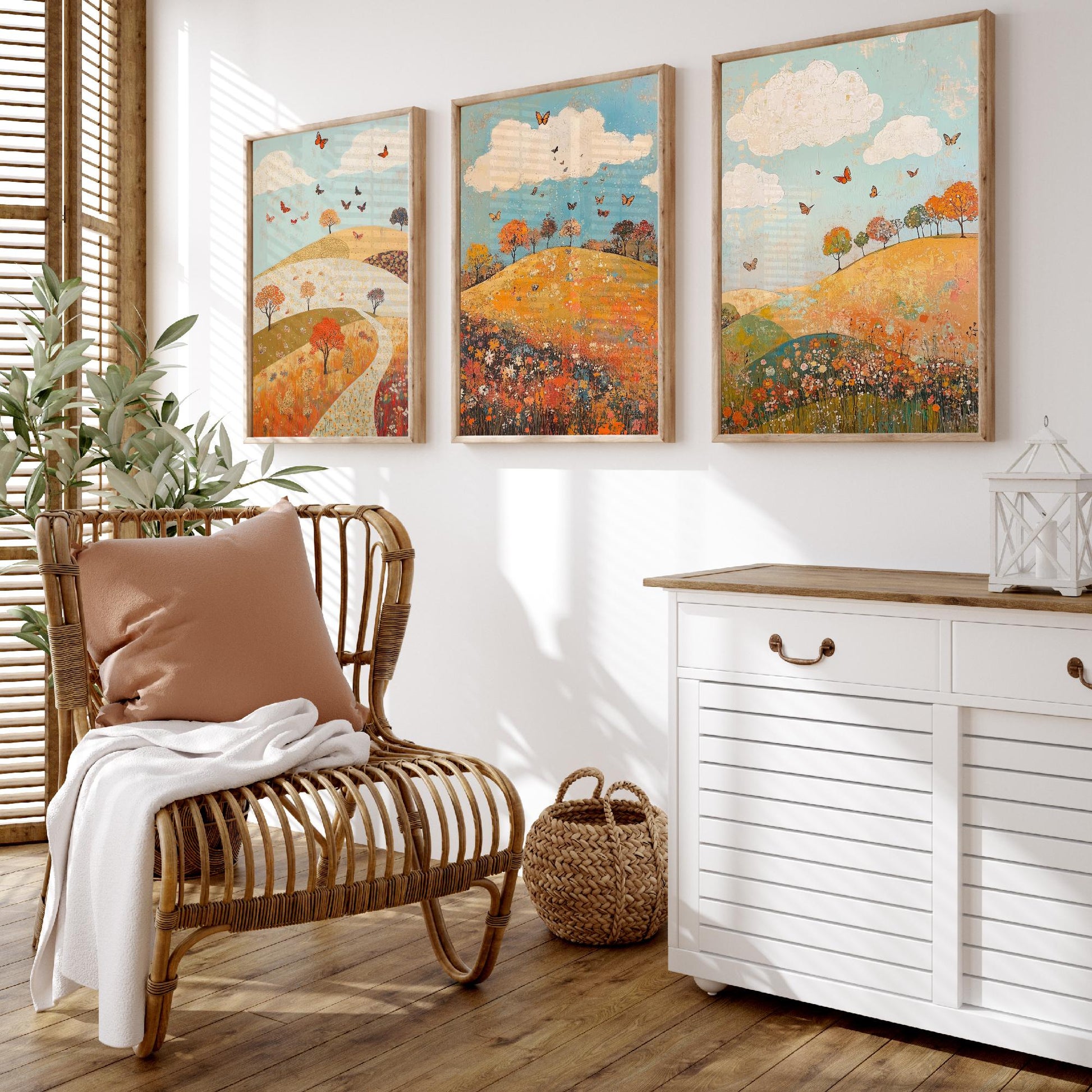 Rolling Hills Butterfly Set of Three Art Prints - Russet Mint and Porcelain - Folk Meadow Poster Illustration Gift