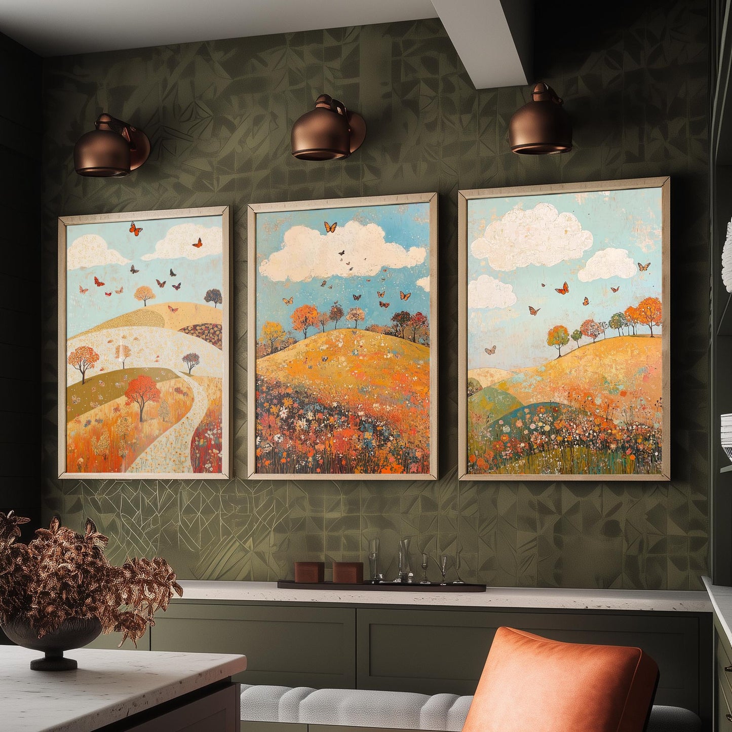 Rolling Hills Butterfly Set of Three Art Prints - Russet Mint and Porcelain - Folk Meadow Poster Illustration Gift