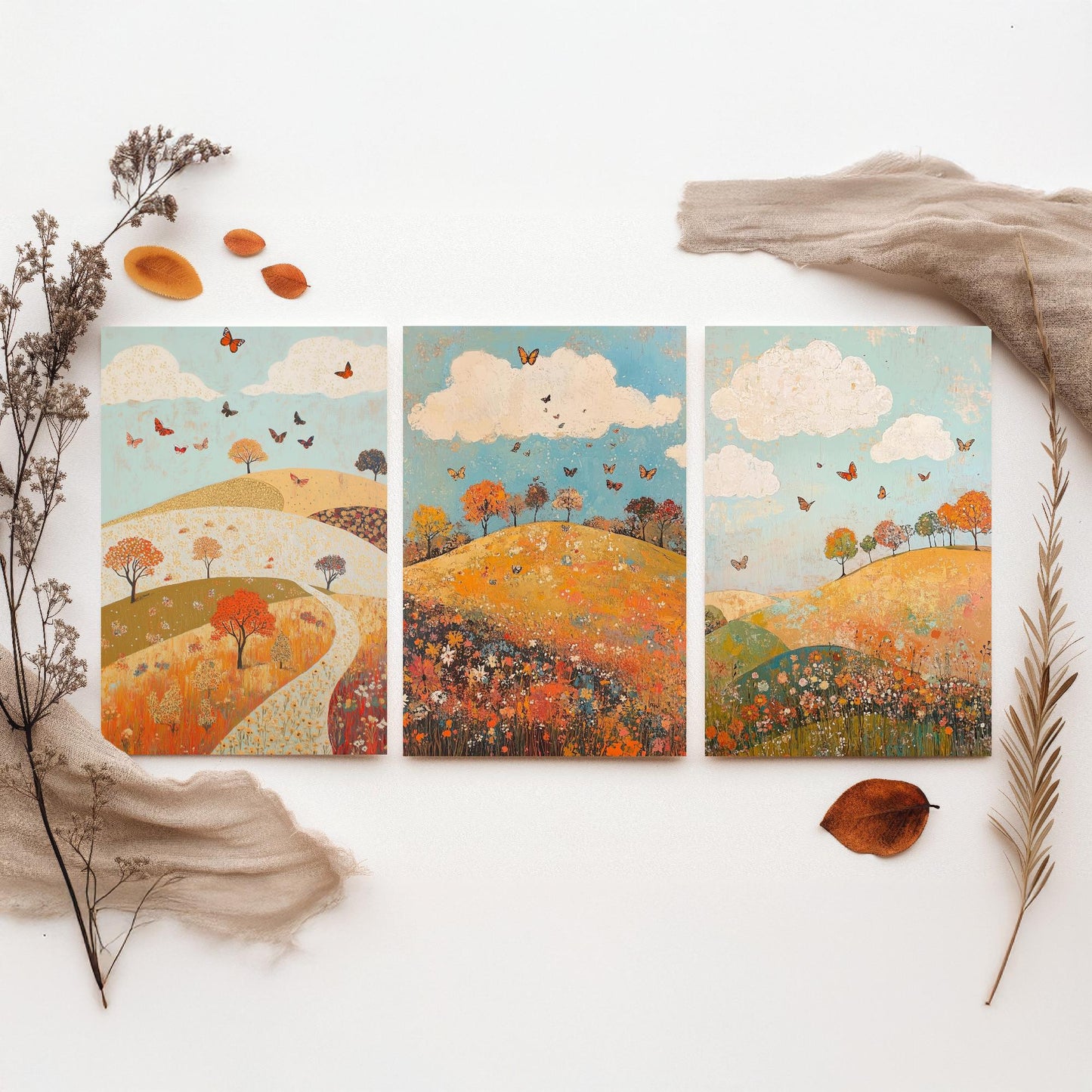 Rolling Hills Butterfly Set of Three Art Prints - Russet Mint and Porcelain - Folk Meadow Poster Illustration Gift
