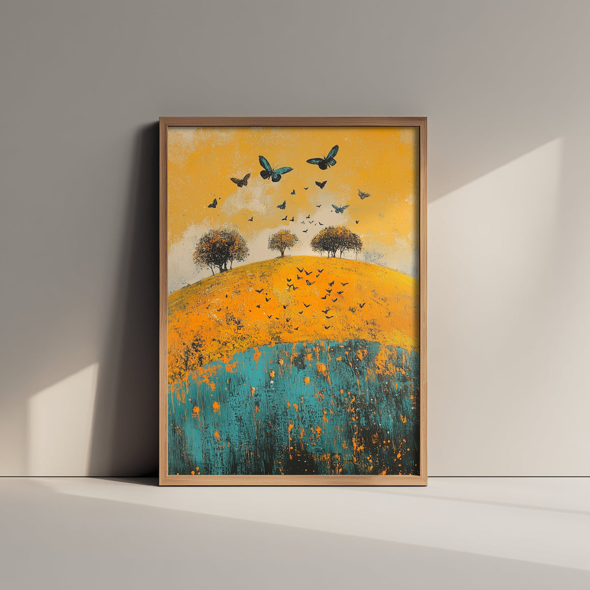 Rolling Hills Landscape Art Print - Butterfly Meadow Poster - Folk Art Painting - Saffron Teal and Charcoal 1/3