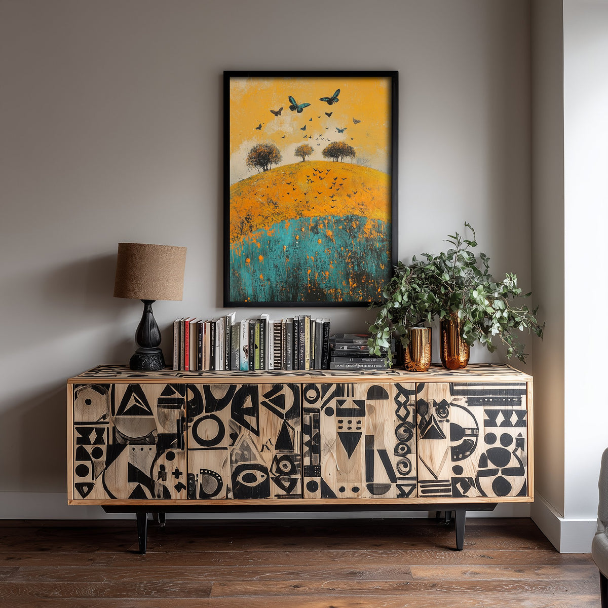 Rolling Hills Landscape Art Print - Butterfly Meadow Poster - Folk Art Painting - Saffron Teal and Charcoal 1/3