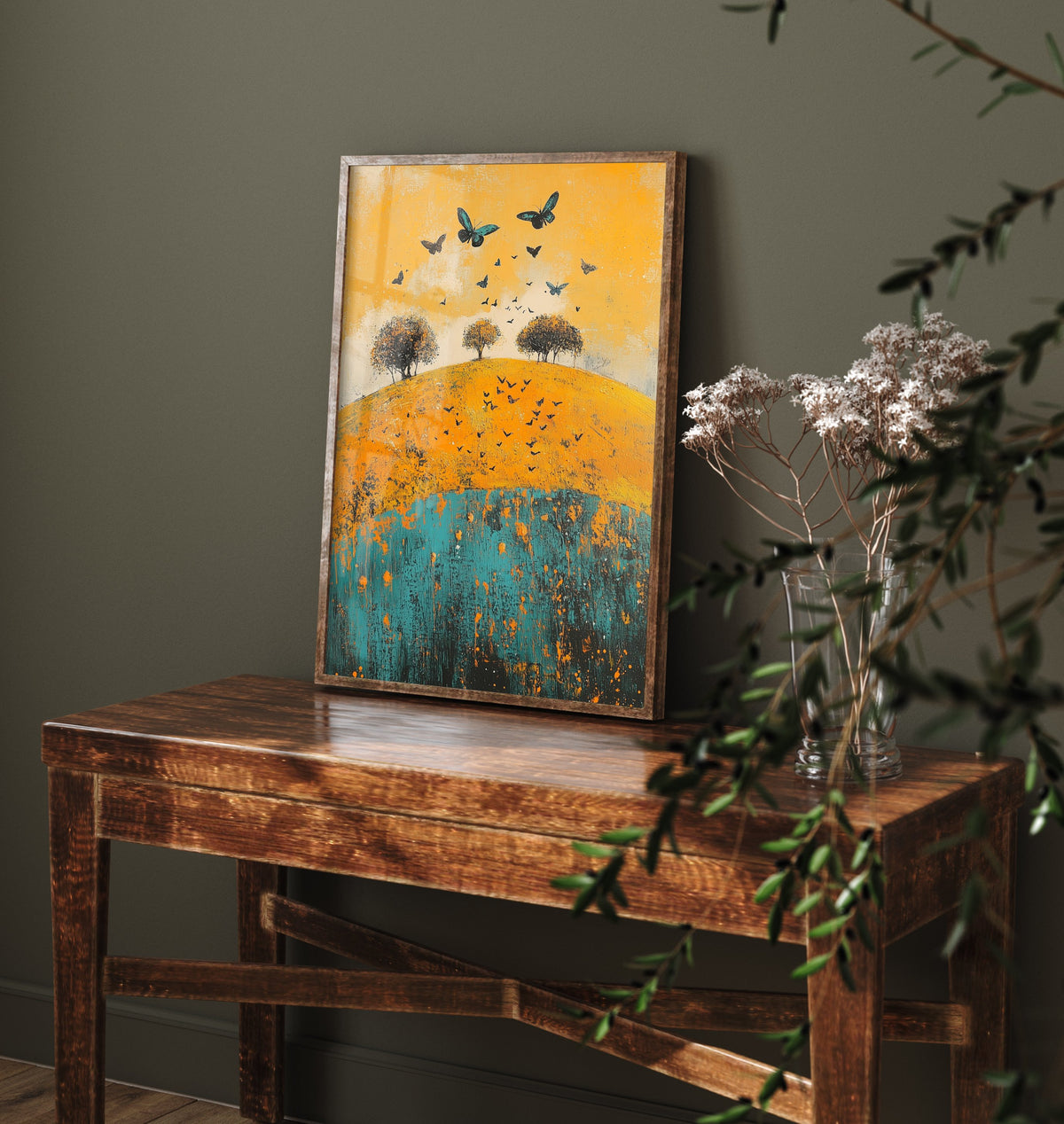 Rolling Hills Landscape Art Print - Butterfly Meadow Poster - Folk Art Painting - Saffron Teal and Charcoal 1/3