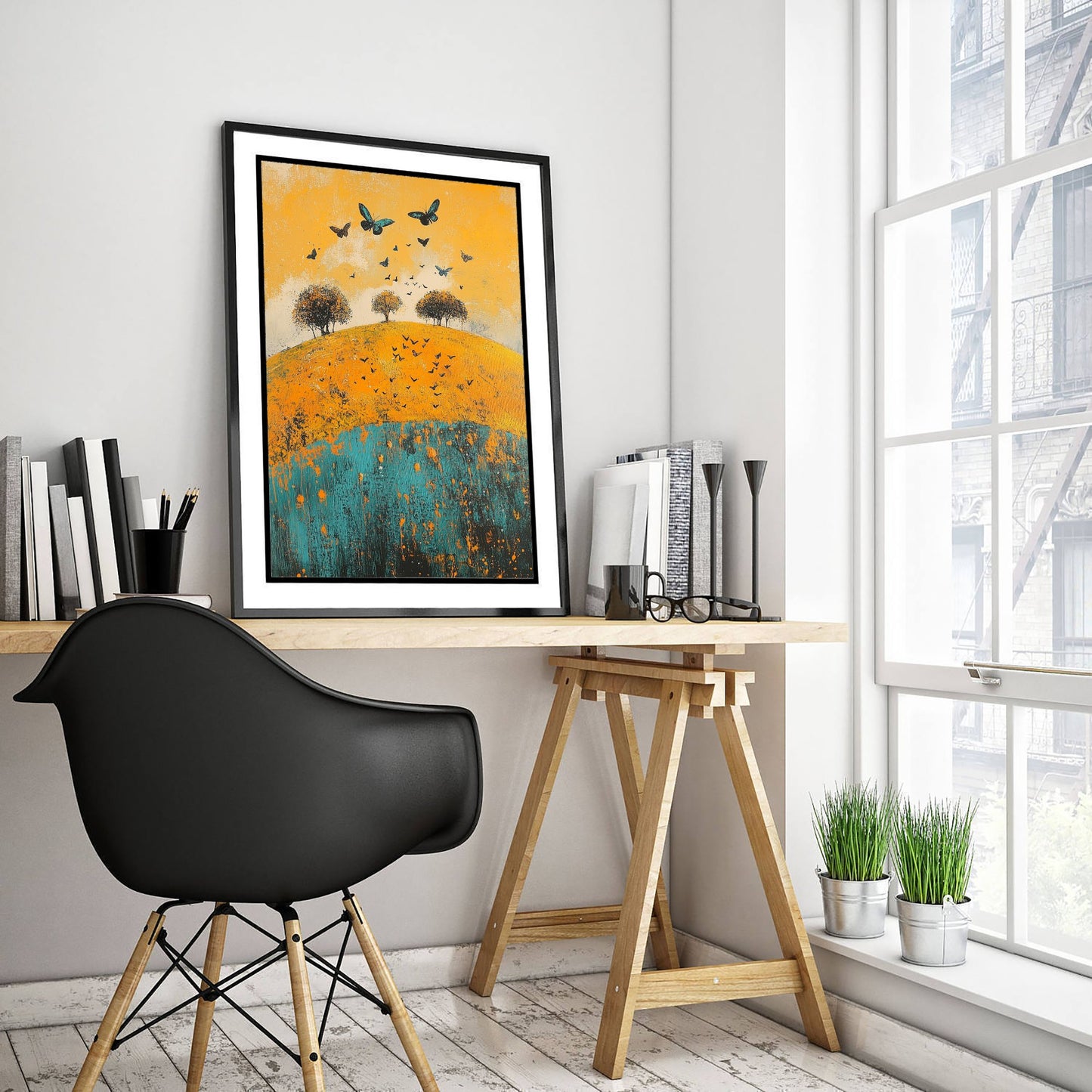Rolling Hills Landscape Art Print - Butterfly Meadow Poster - Folk Art Painting - Saffron Teal and Charcoal 1/3