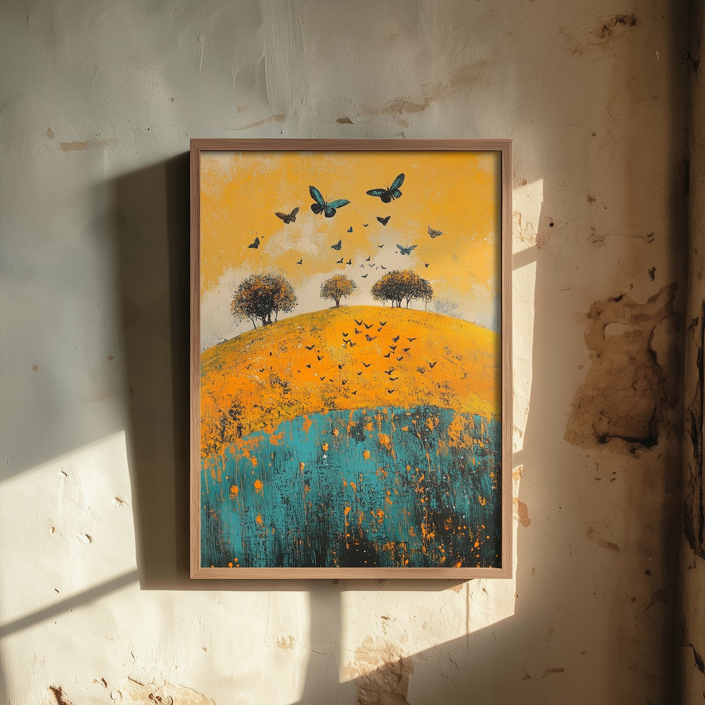 Rolling Hills Landscape Art Print - Butterfly Meadow Poster - Folk Art Painting - Saffron Teal and Charcoal 1/3