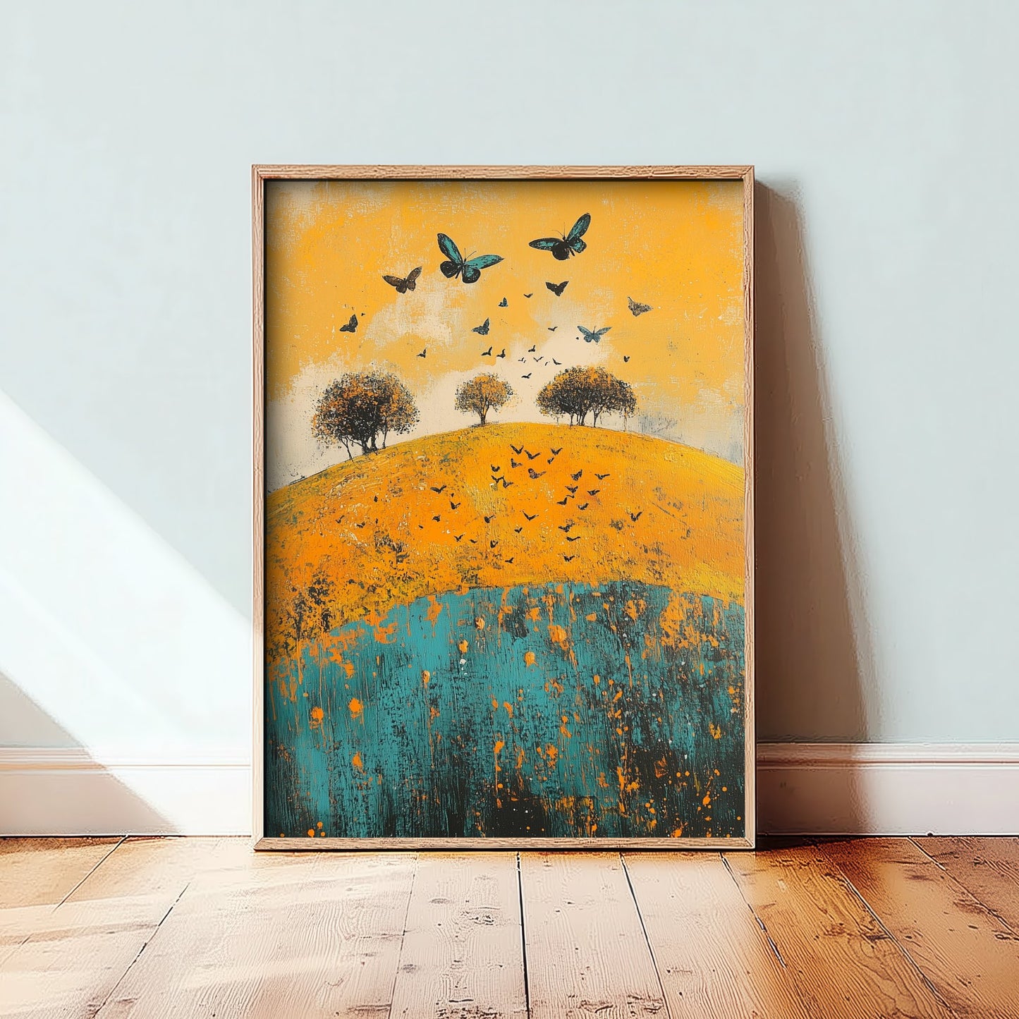 Rolling Hills Landscape Art Print - Butterfly Meadow Poster - Folk Art Painting - Saffron Teal and Charcoal 1/3
