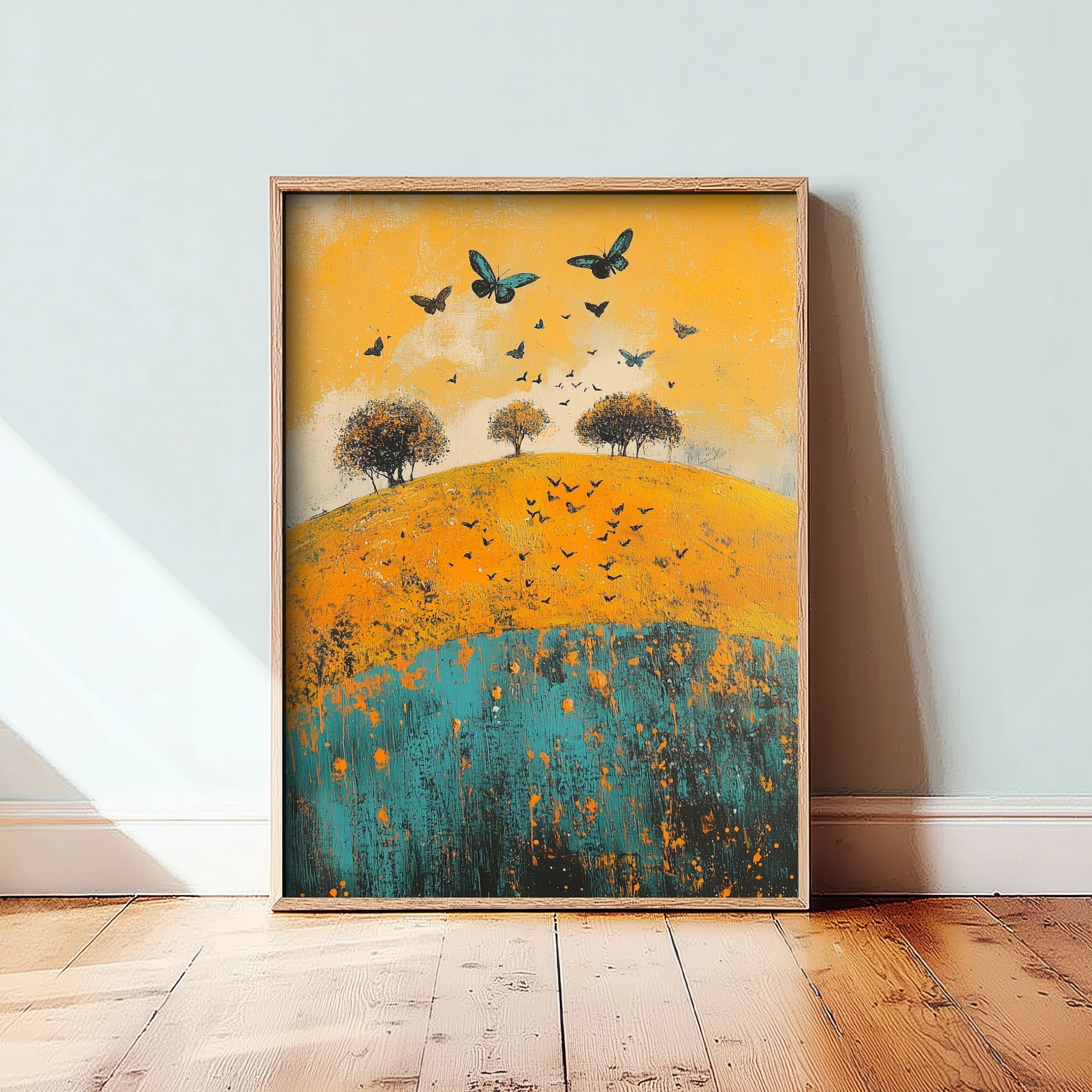 Rolling Hills Landscape Art Print - Butterfly Meadow Poster - Folk Art Painting - Saffron Teal and Charcoal 1/3