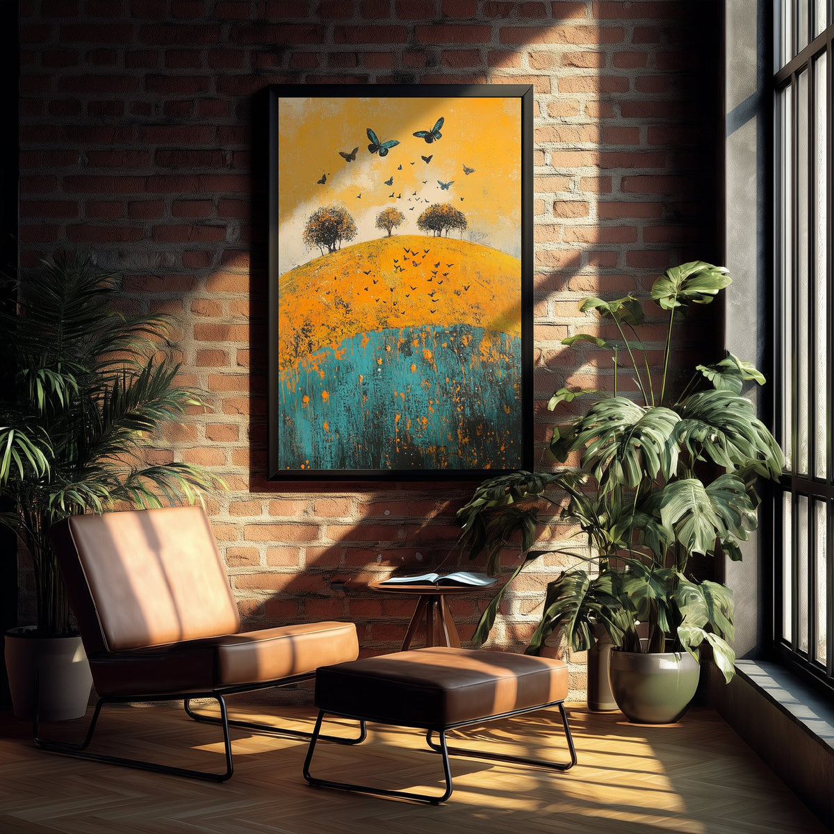 Rolling Hills Landscape Art Print - Butterfly Meadow Poster - Folk Art Painting - Saffron Teal and Charcoal 1/3