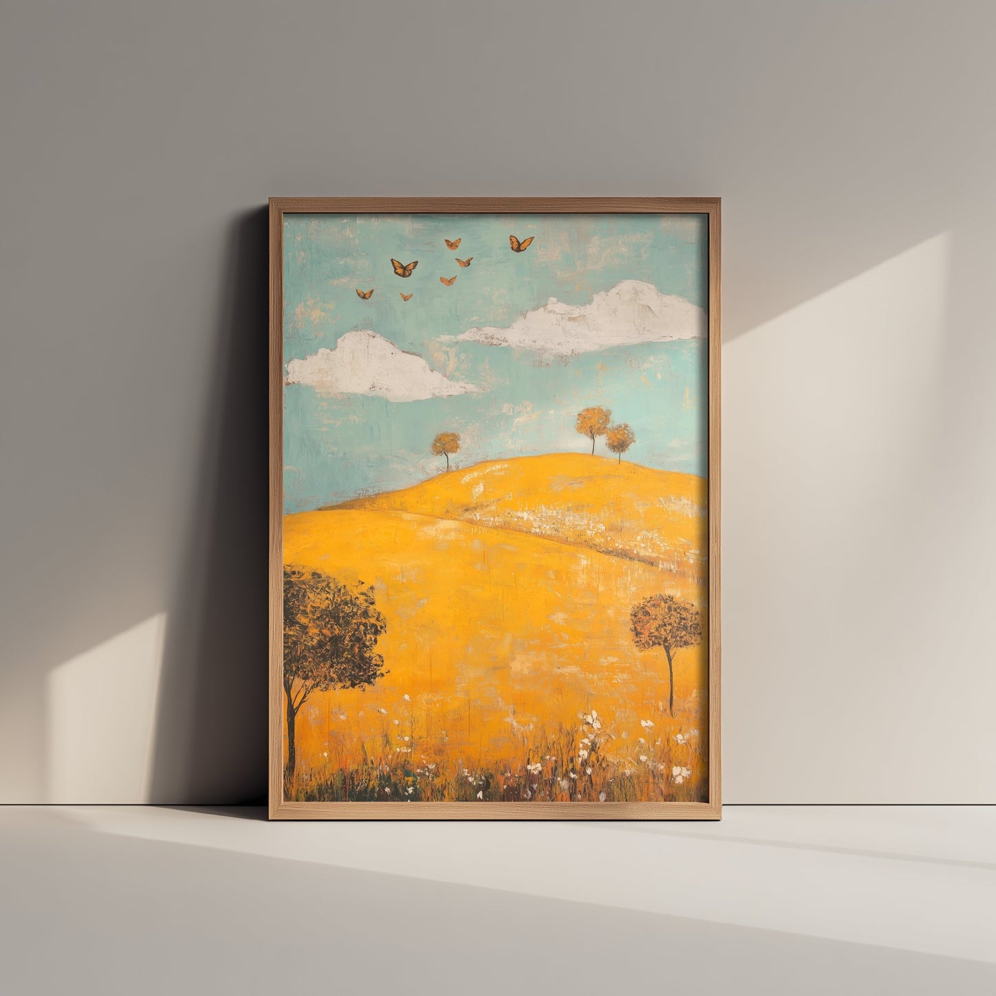 Rolling Hills Landscape Art Print - Butterfly Meadow Poster - Folk Art Painting - Saffron Teal and Charcoal 2/3