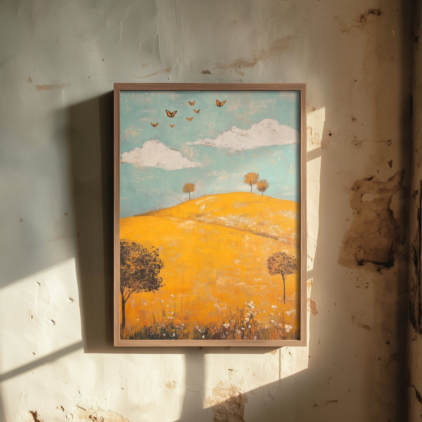 Rolling Hills Landscape Art Print - Butterfly Meadow Poster - Folk Art Painting - Saffron Teal and Charcoal 2/3