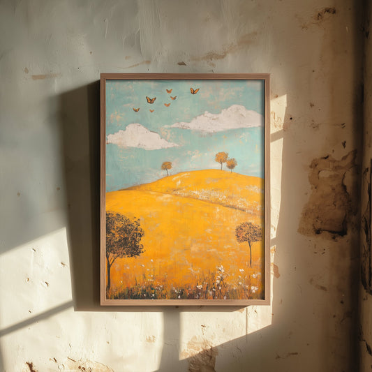Rolling Hills Landscape Art Print - Butterfly Meadow Poster - Folk Art Painting - Saffron Teal and Charcoal 2/3