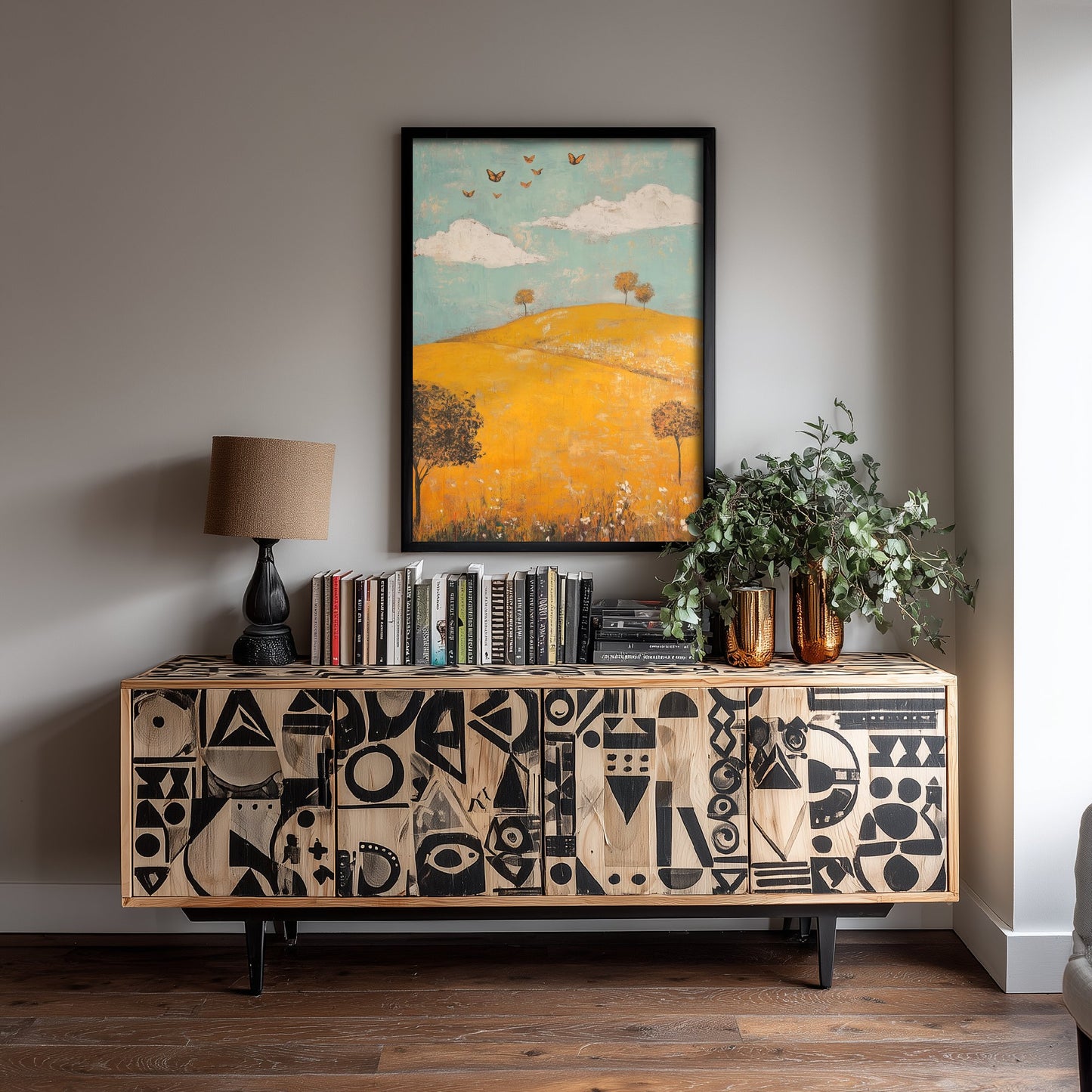 Rolling Hills Landscape Art Print - Butterfly Meadow Poster - Folk Art Painting - Saffron Teal and Charcoal 2/3