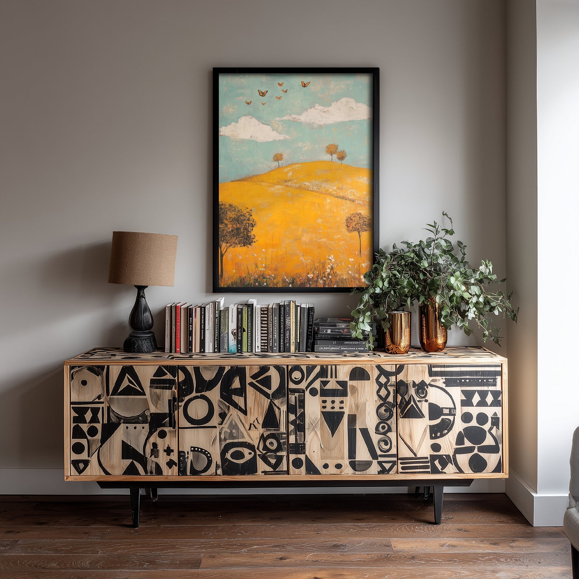 Rolling Hills Landscape Art Print - Butterfly Meadow Poster - Folk Art Painting - Saffron Teal and Charcoal 2/3