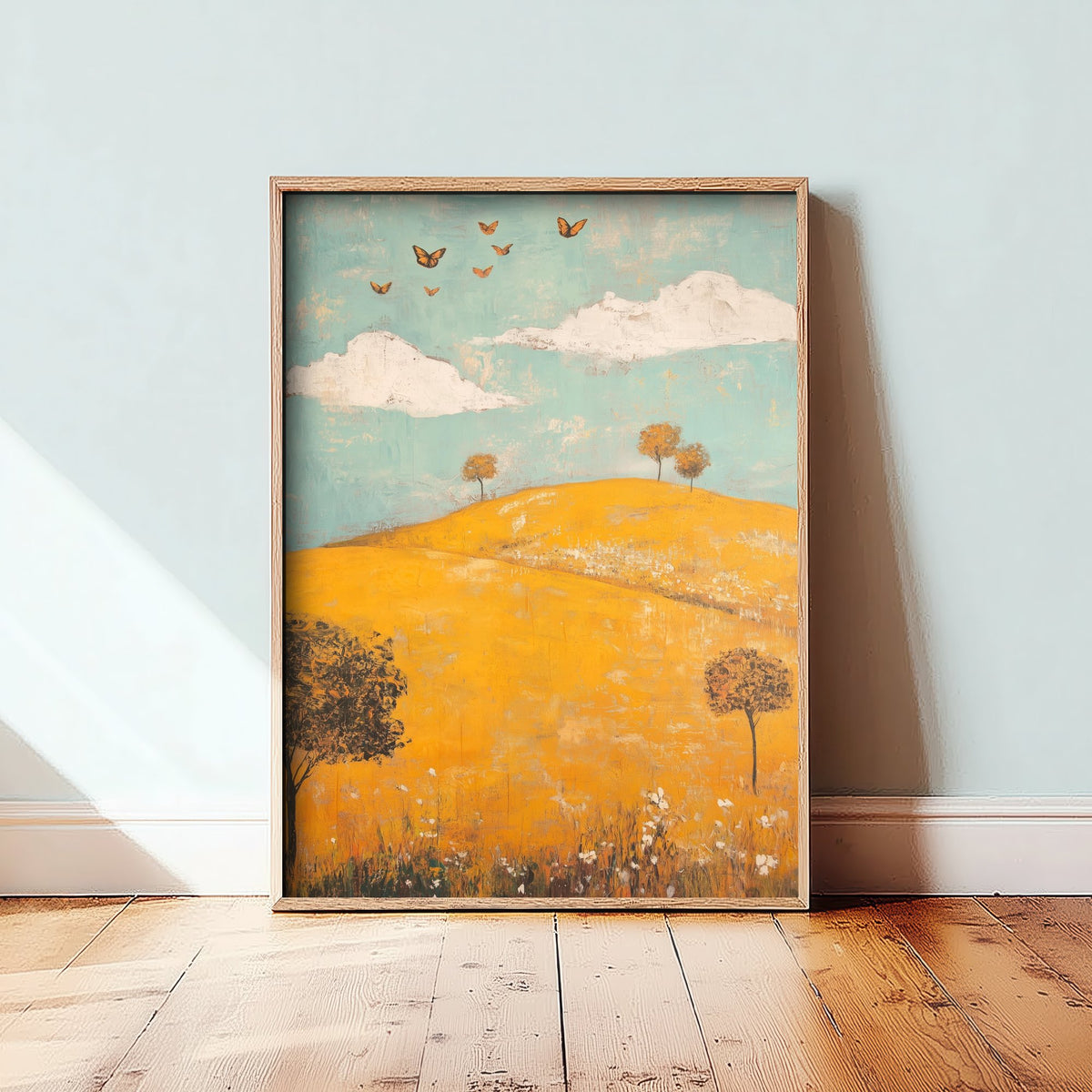 Rolling Hills Landscape Art Print - Butterfly Meadow Poster - Folk Art Painting - Saffron Teal and Charcoal 2/3