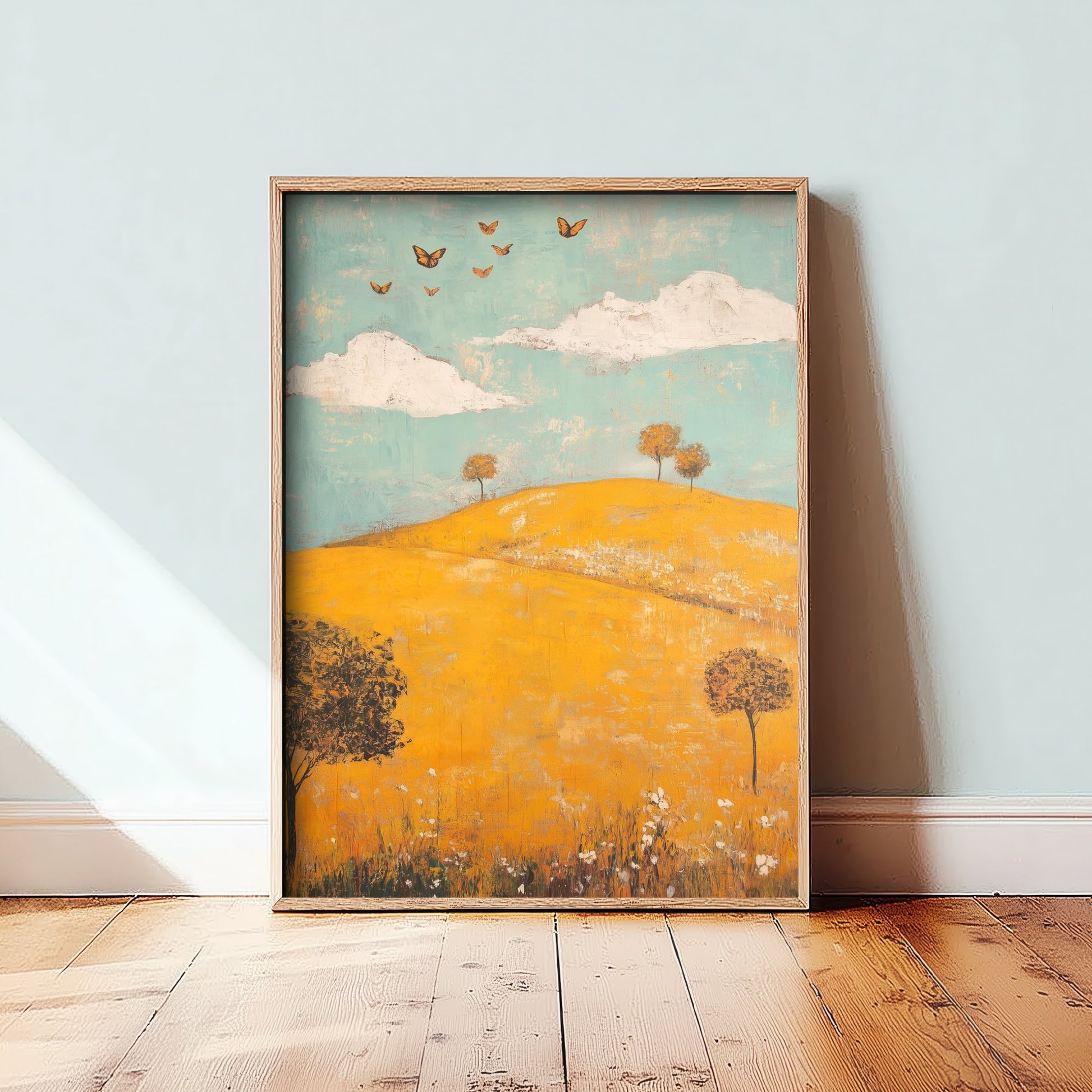 Rolling Hills Landscape Art Print - Butterfly Meadow Poster - Folk Art Painting - Saffron Teal and Charcoal 2/3