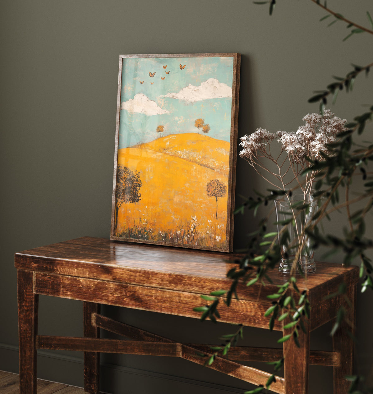 Rolling Hills Landscape Art Print - Butterfly Meadow Poster - Folk Art Painting - Saffron Teal and Charcoal 2/3