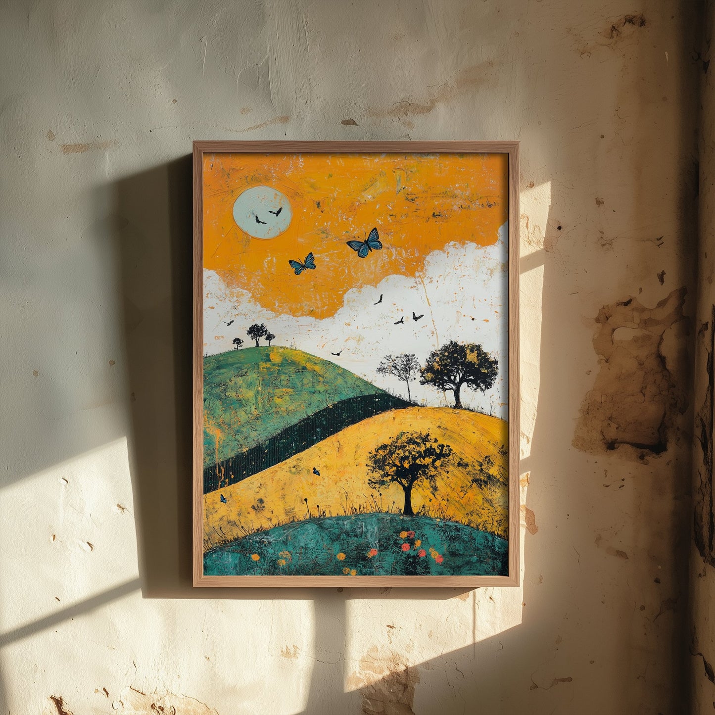 Rolling Hills Landscape Art Print - Butterfly Meadow Poster - Folk Art Painting - Saffron Teal and Charcoal 3/3