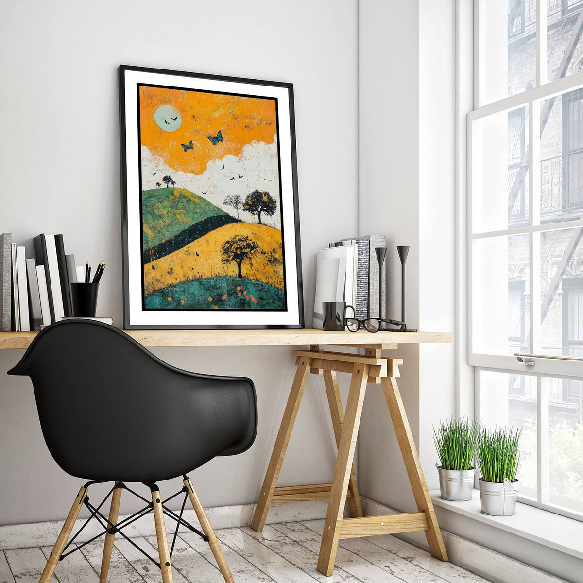 Rolling Hills Landscape Art Print - Butterfly Meadow Poster - Folk Art Painting - Saffron Teal and Charcoal 3/3