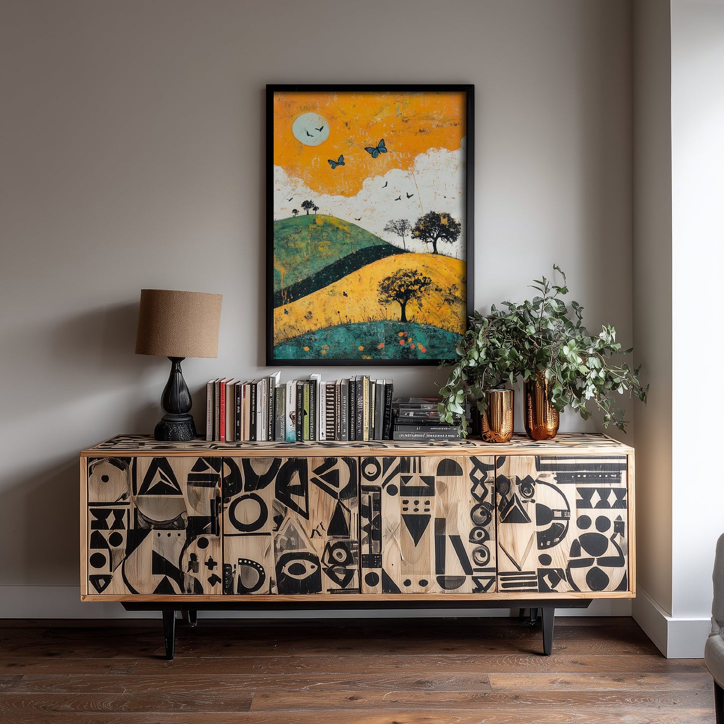 Rolling Hills Landscape Art Print - Butterfly Meadow Poster - Folk Art Painting - Saffron Teal and Charcoal 3/3