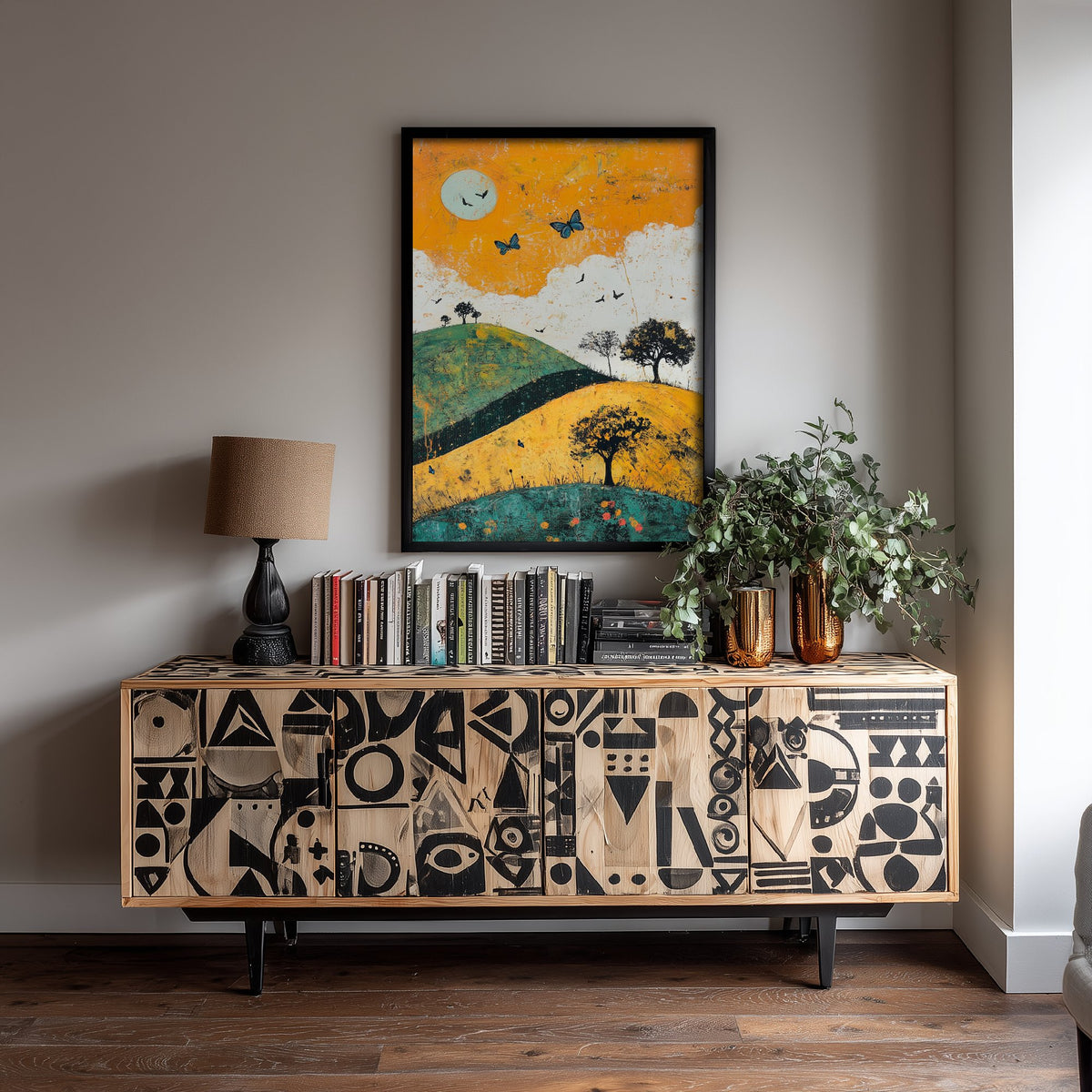 Rolling Hills Landscape Art Print - Butterfly Meadow Poster - Folk Art Painting - Saffron Teal and Charcoal 3/3
