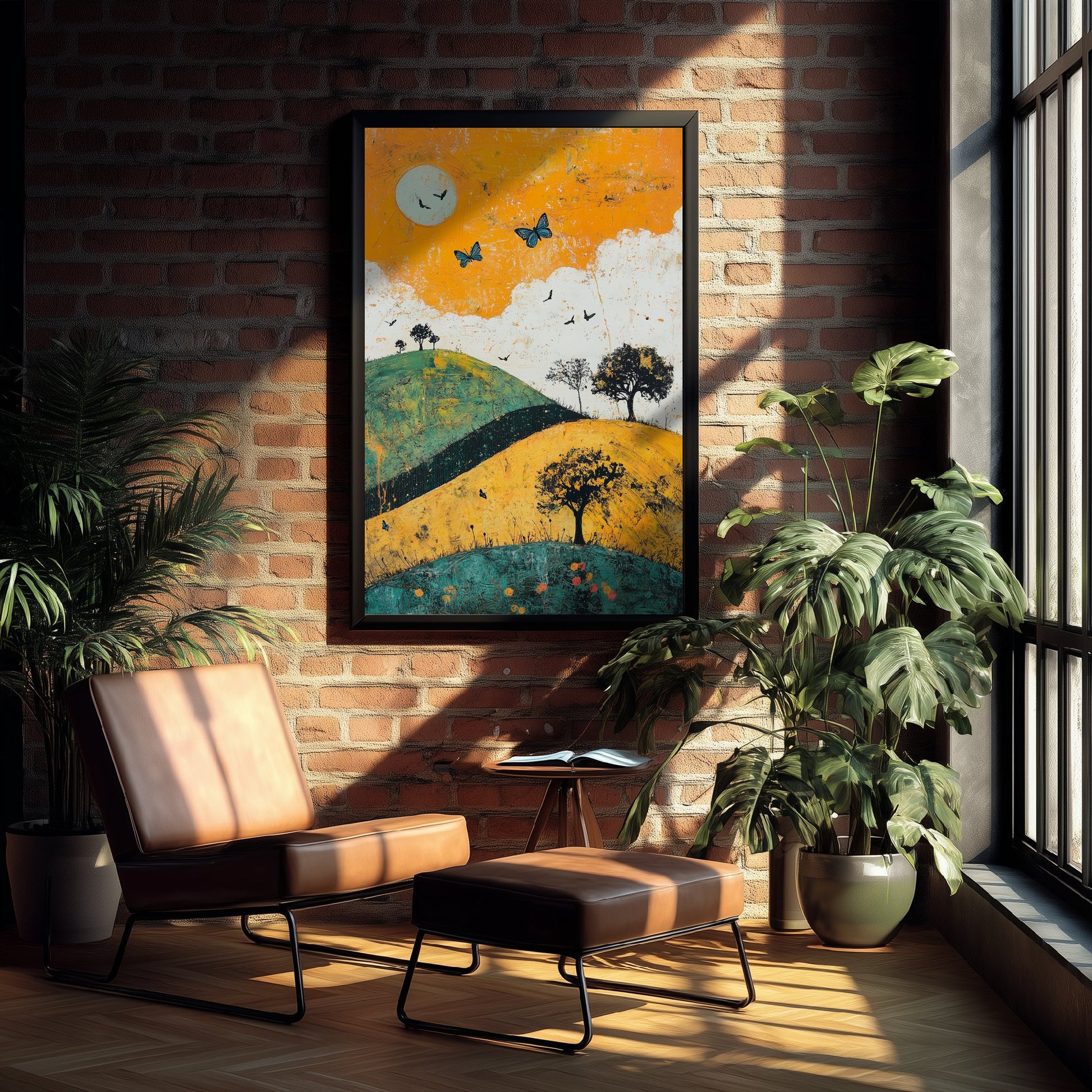 Rolling Hills Landscape Art Print - Butterfly Meadow Poster - Folk Art Painting - Saffron Teal and Charcoal 3/3