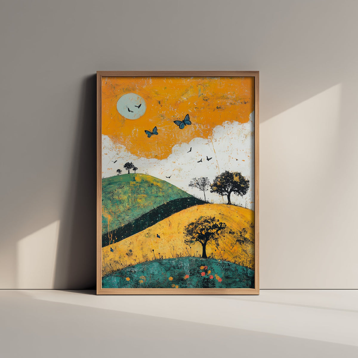 Rolling Hills Landscape Art Print - Butterfly Meadow Poster - Folk Art Painting - Saffron Teal and Charcoal 3/3