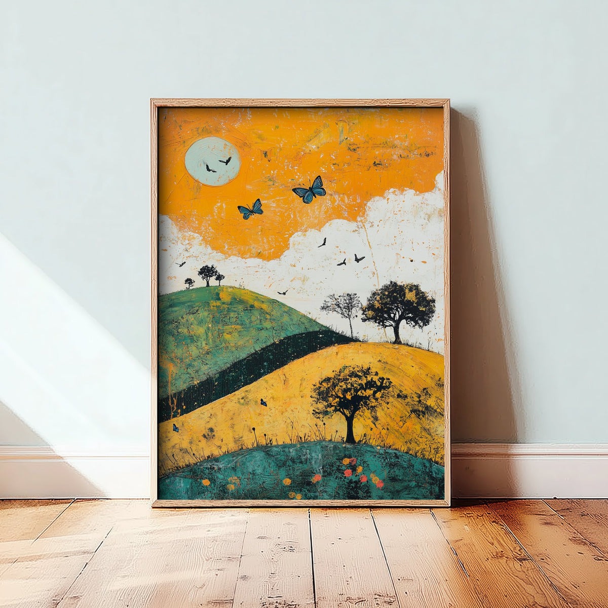 Rolling Hills Landscape Art Print - Butterfly Meadow Poster - Folk Art Painting - Saffron Teal and Charcoal 3/3