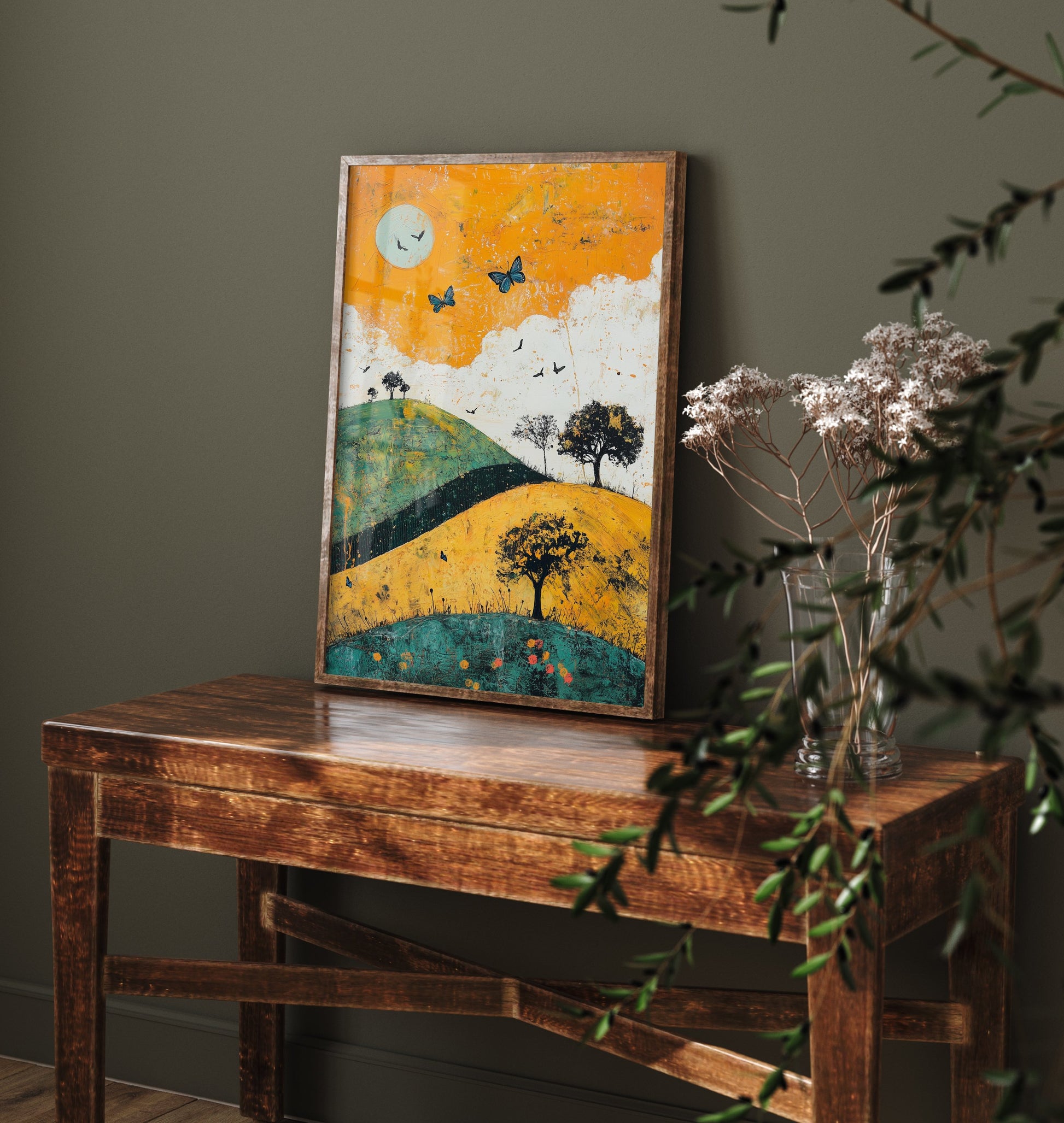 Rolling Hills Landscape Art Print - Butterfly Meadow Poster - Folk Art Painting - Saffron Teal and Charcoal 3/3