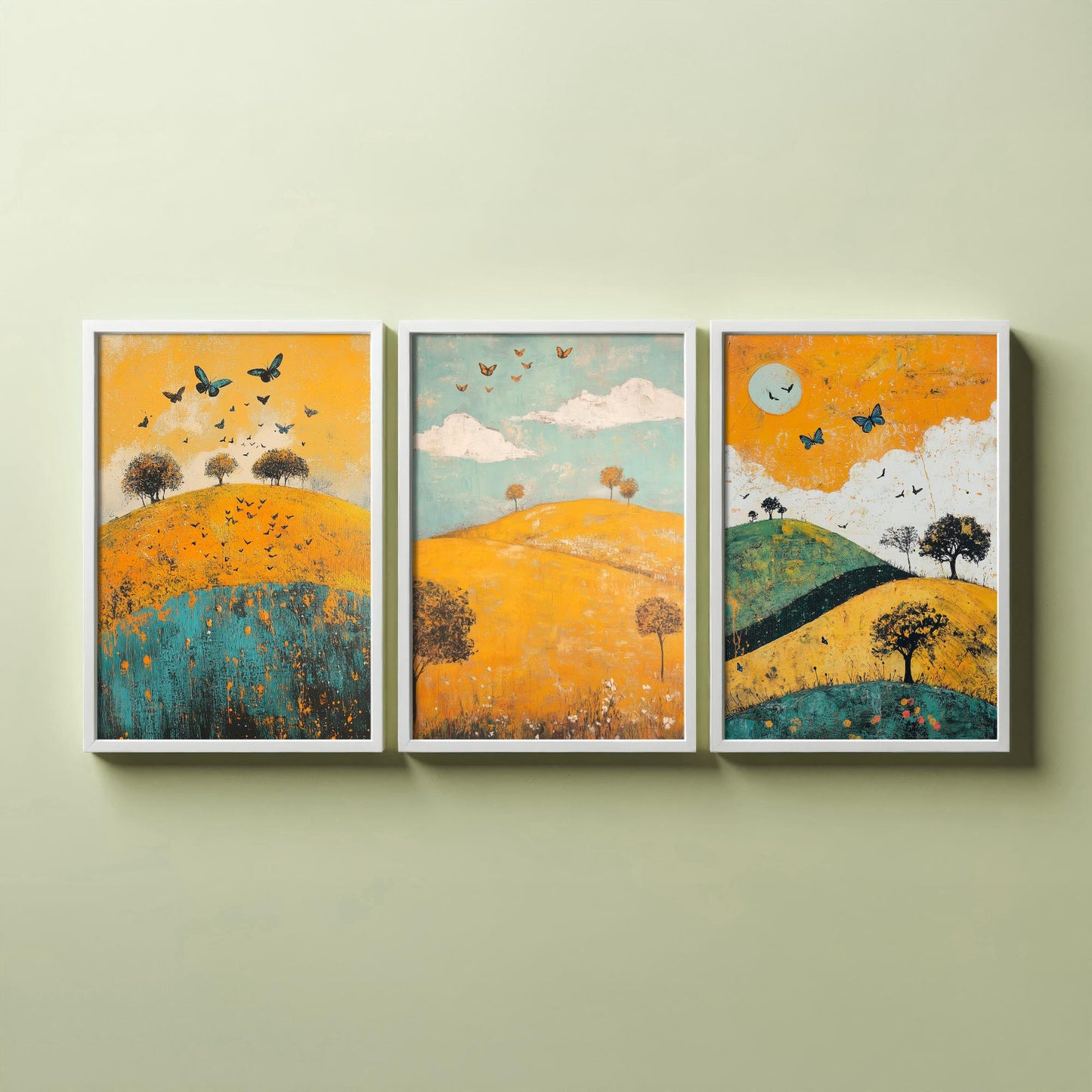 Rolling Hills Butterfly Set of Three Art Prints - Saffron Teal and Charcoal - Folk Meadow Poster Illustration Gift