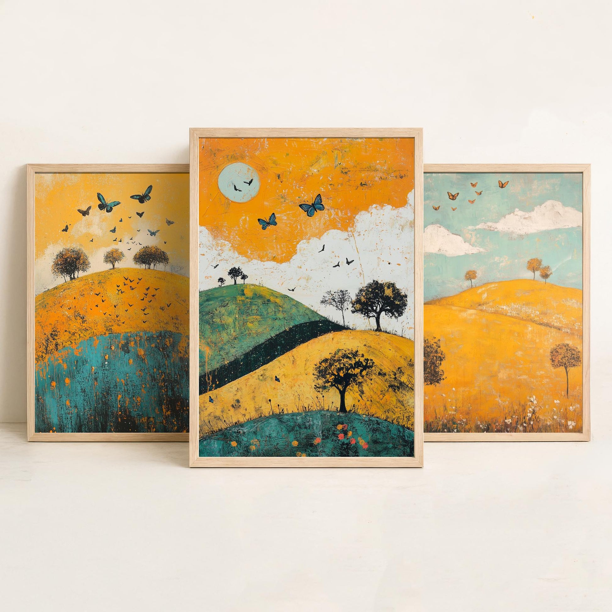 Rolling Hills Butterfly Set of Three Art Prints - Saffron Teal and Charcoal - Folk Meadow Poster Illustration Gift