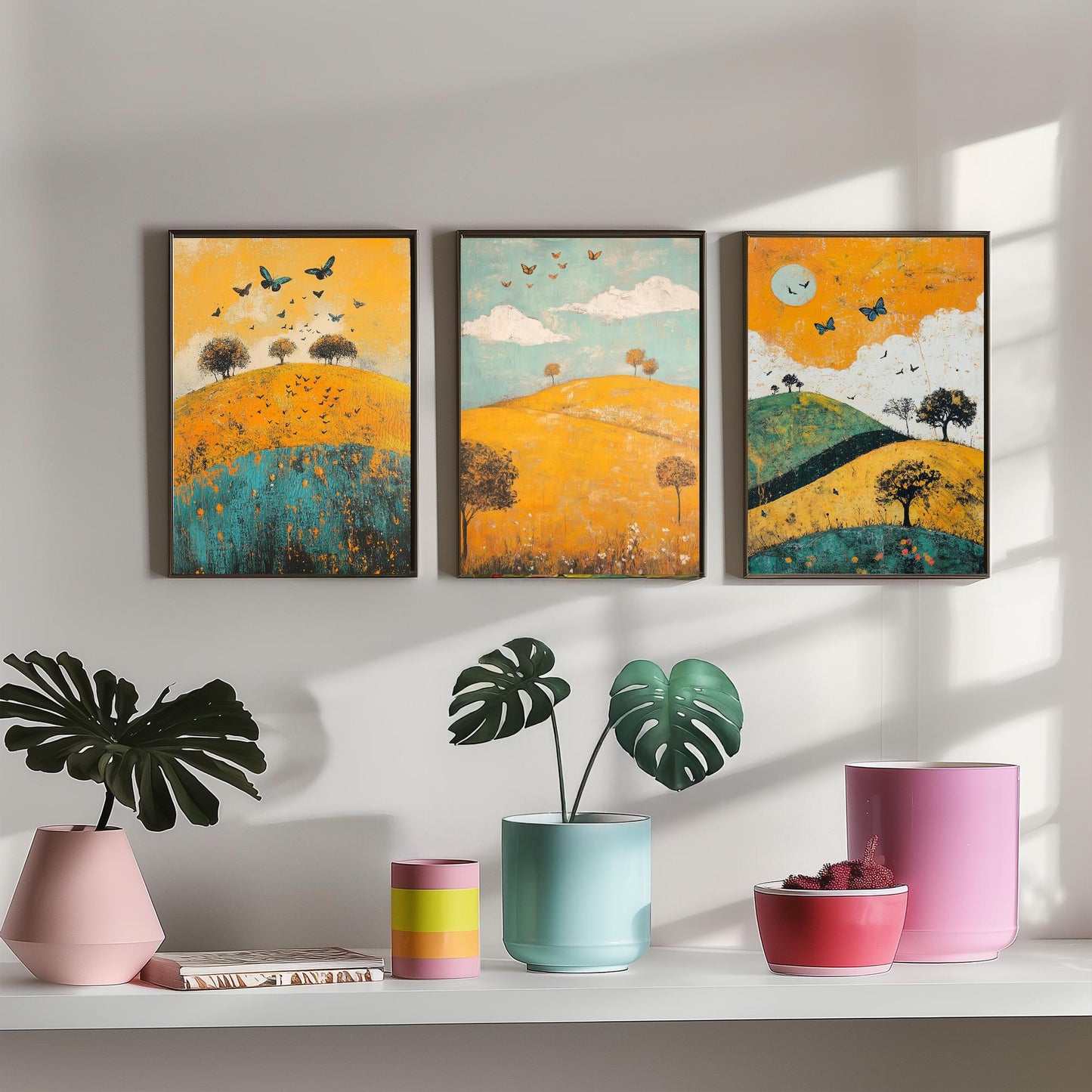 Rolling Hills Butterfly Set of Three Art Prints - Saffron Teal and Charcoal - Folk Meadow Poster Illustration Gift