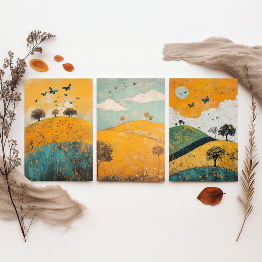 Rolling Hills Butterfly Set of Three Art Prints - Saffron Teal and Charcoal - Folk Meadow Poster Illustration Gift