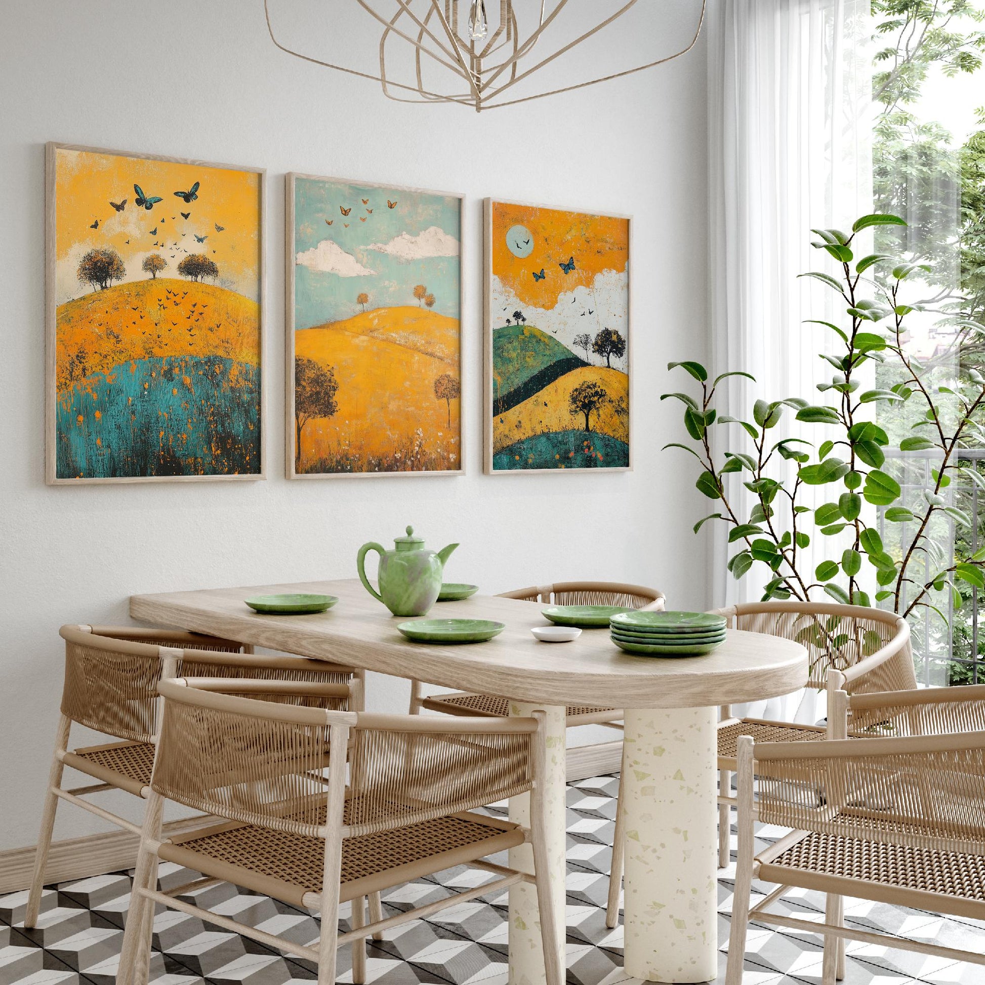 Rolling Hills Butterfly Set of Three Art Prints - Saffron Teal and Charcoal - Folk Meadow Poster Illustration Gift