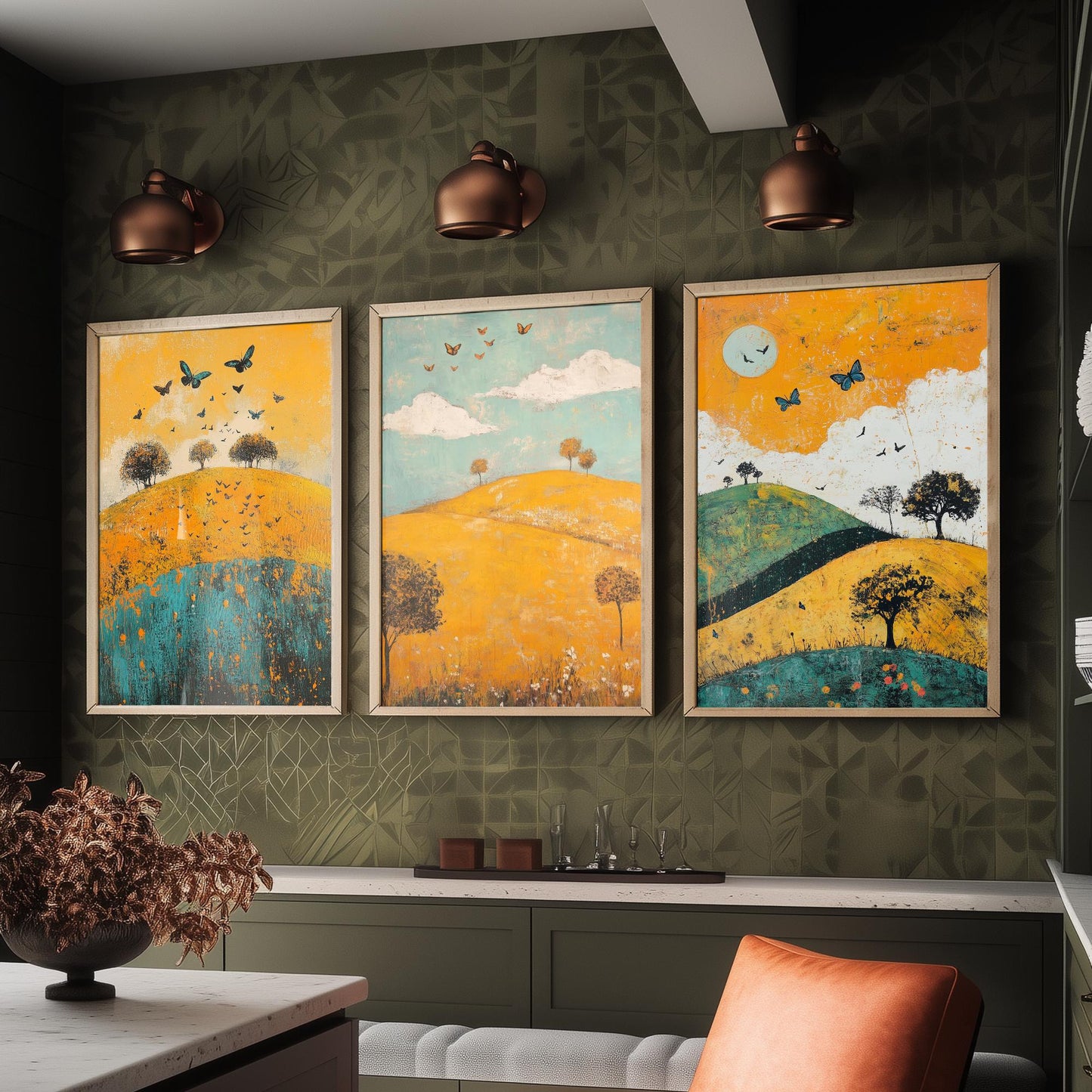 Rolling Hills Butterfly Set of Three Art Prints - Saffron Teal and Charcoal - Folk Meadow Poster Illustration Gift