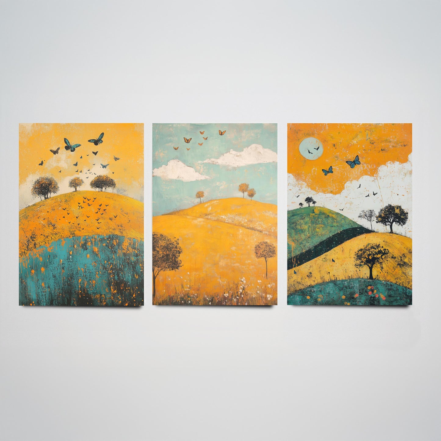Rolling Hills Butterfly Set of Three Art Prints - Saffron Teal and Charcoal - Folk Meadow Poster Illustration Gift