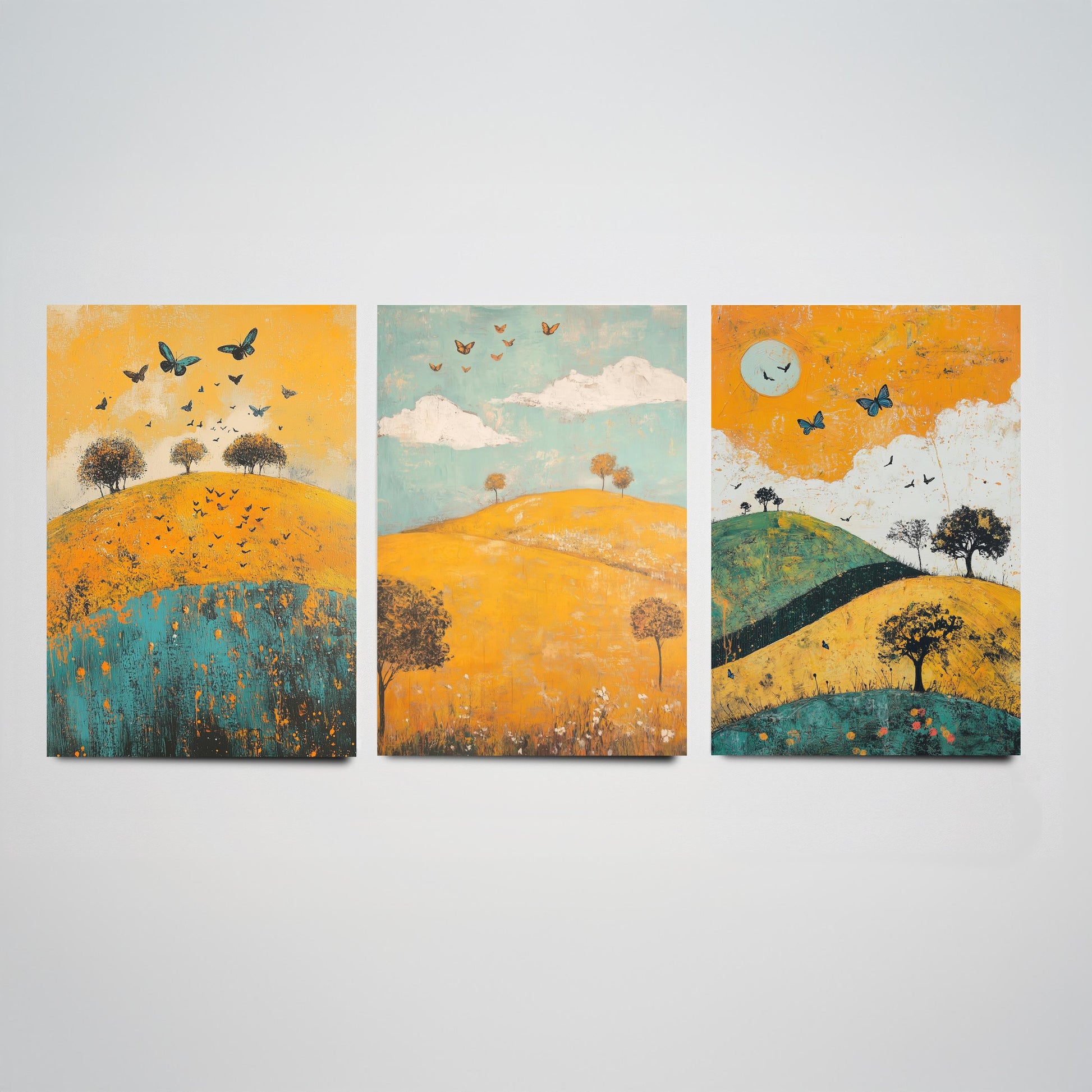Rolling Hills Butterfly Set of Three Art Prints - Saffron Teal and Charcoal - Folk Meadow Poster Illustration Gift