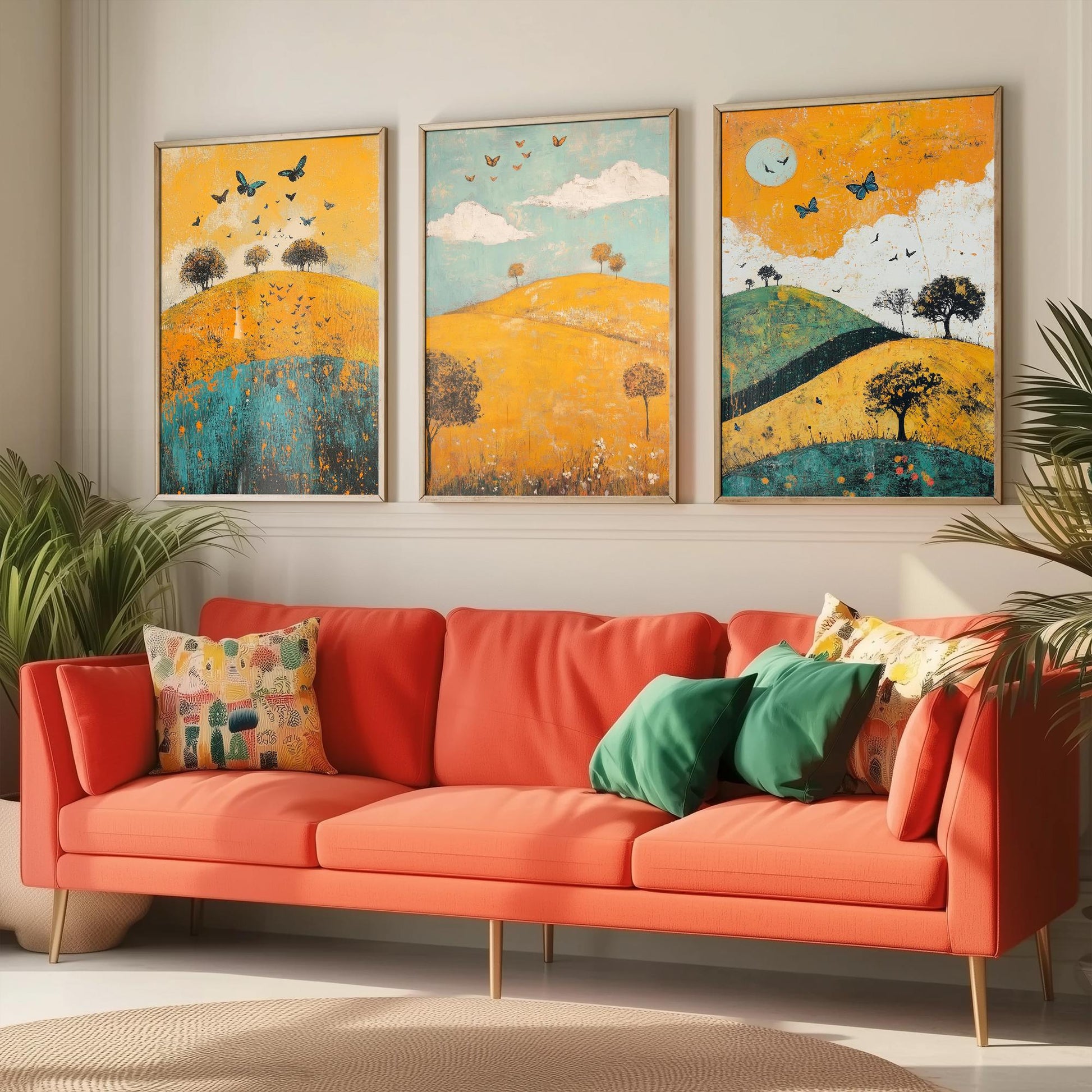 Rolling Hills Butterfly Set of Three Art Prints - Saffron Teal and Charcoal - Folk Meadow Poster Illustration Gift