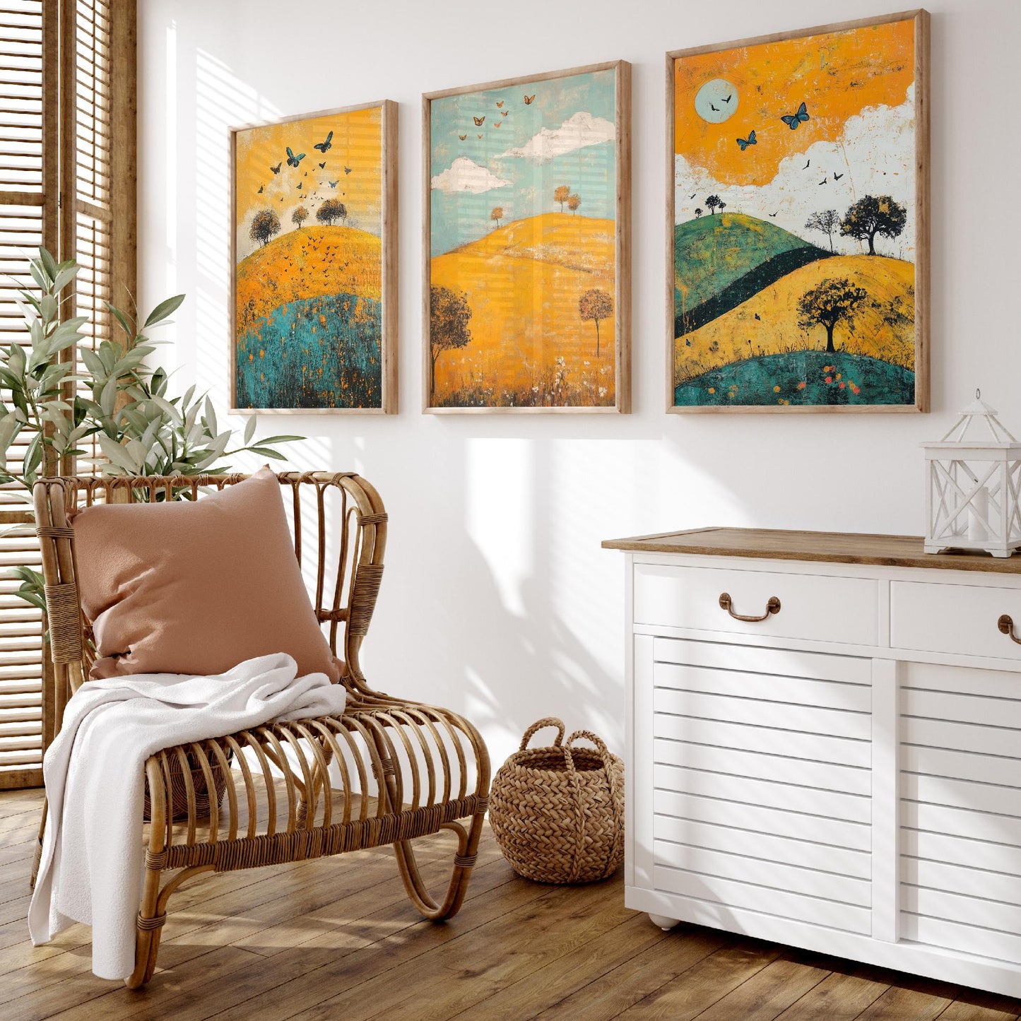 Rolling Hills Butterfly Set of Three Art Prints - Saffron Teal and Charcoal - Folk Meadow Poster Illustration Gift
