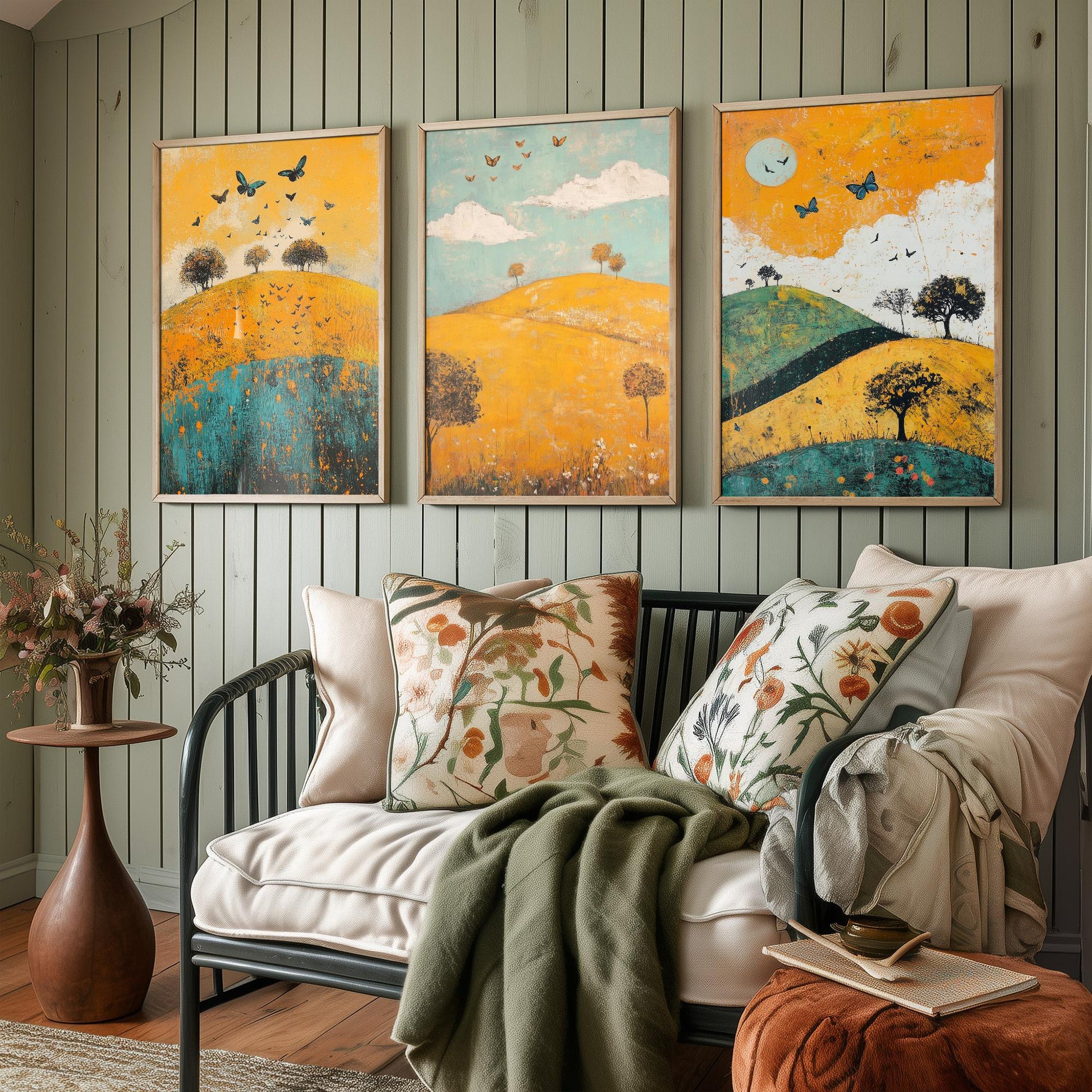 Rolling Hills Butterfly Set of Three Art Prints - Saffron Teal and Charcoal - Folk Meadow Poster Illustration Gift