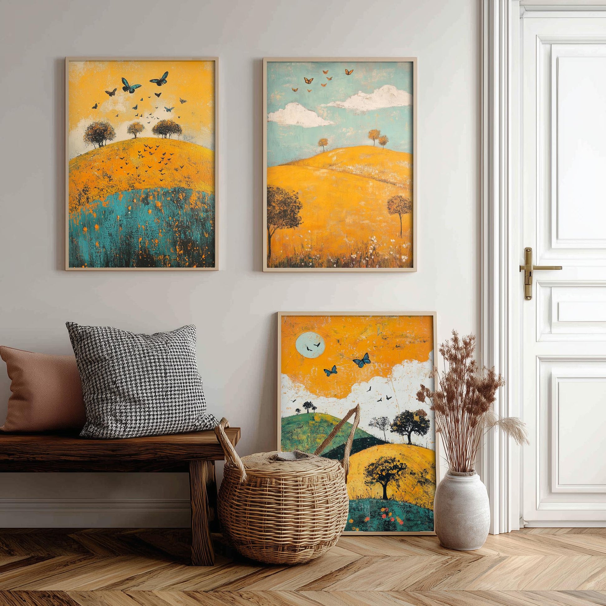Rolling Hills Butterfly Set of Three Art Prints - Saffron Teal and Charcoal - Folk Meadow Poster Illustration Gift
