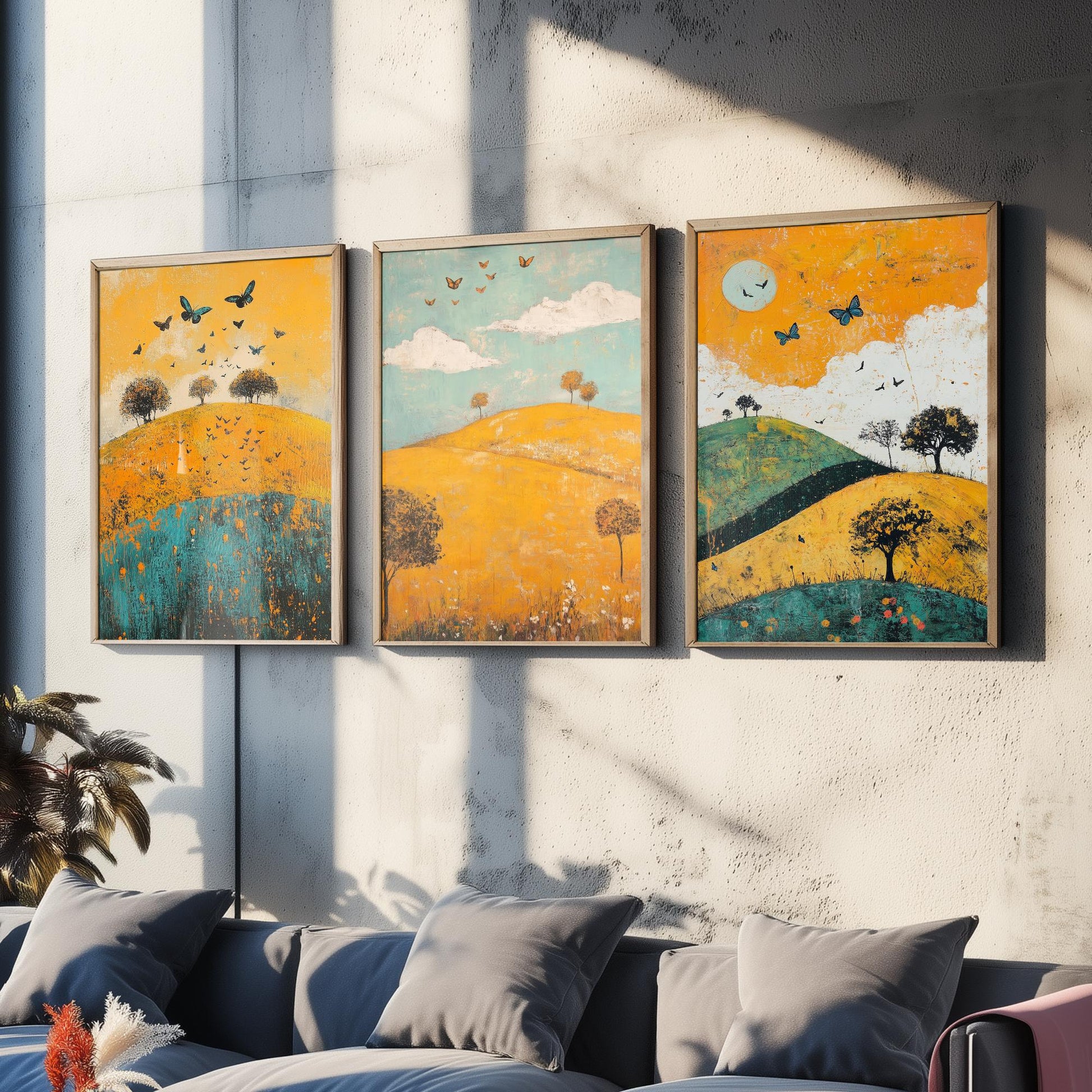 Rolling Hills Butterfly Set of Three Art Prints - Saffron Teal and Charcoal - Folk Meadow Poster Illustration Gift