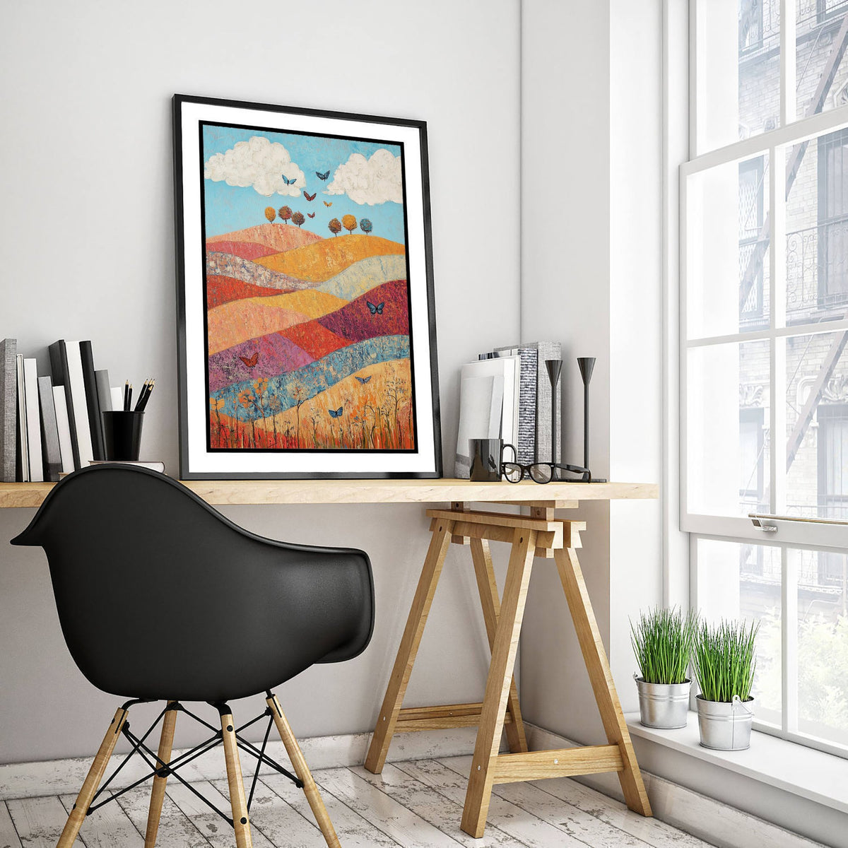 Rolling Hills Landscape Art Print - Butterfly Meadow Poster - Folk Art Painting - Sangria Azure and Cream 1/3